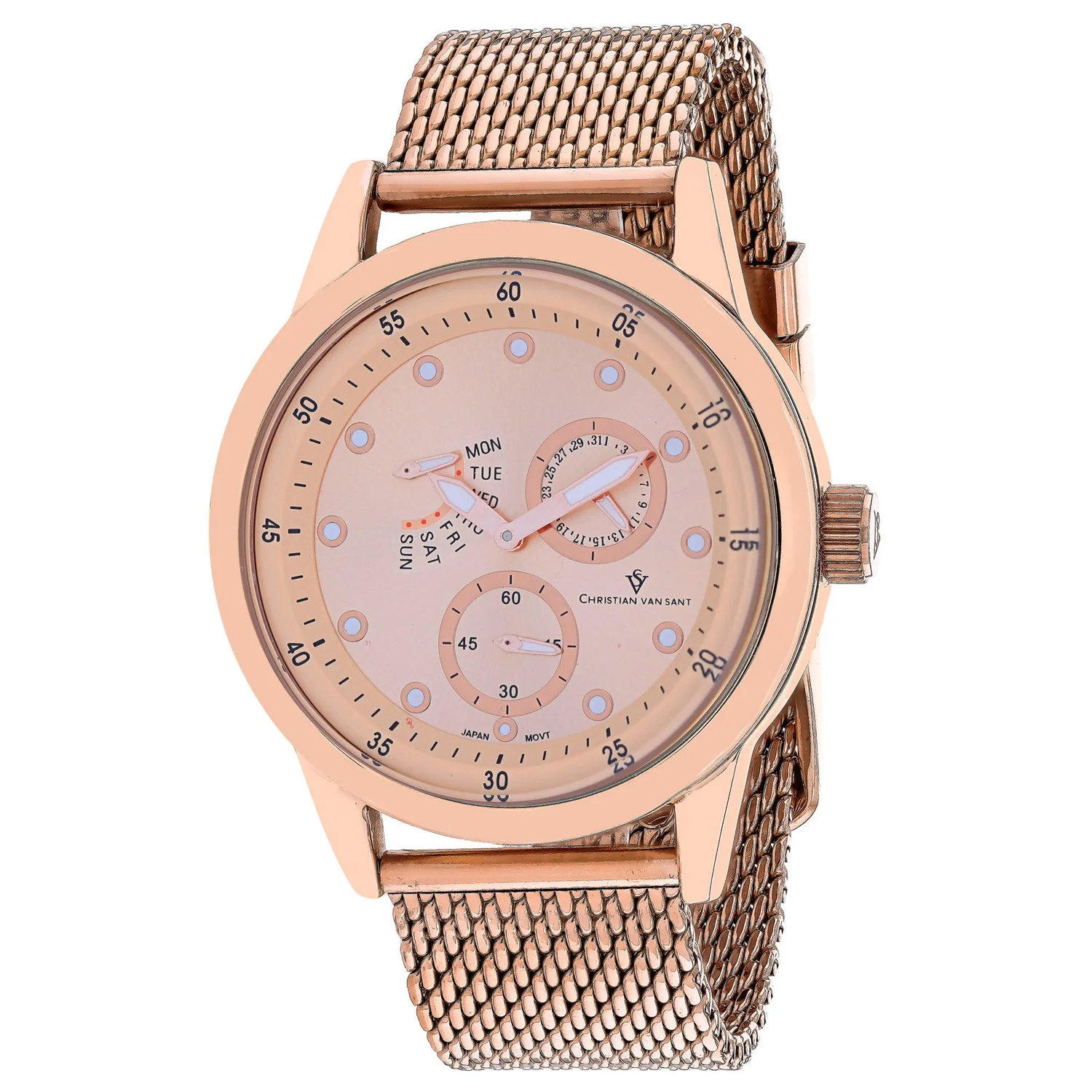 Christian Van Sant Men's 44mm Rio Quartz Multi-Function Day & Date Mesh Bracelet Watch - Image 5