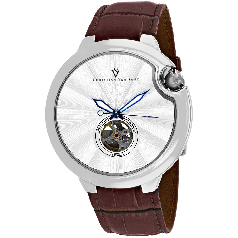 Christian Van Sant Men's 46mm Cyclone Automatic Open Heart Leather Strap Watch - Image 2