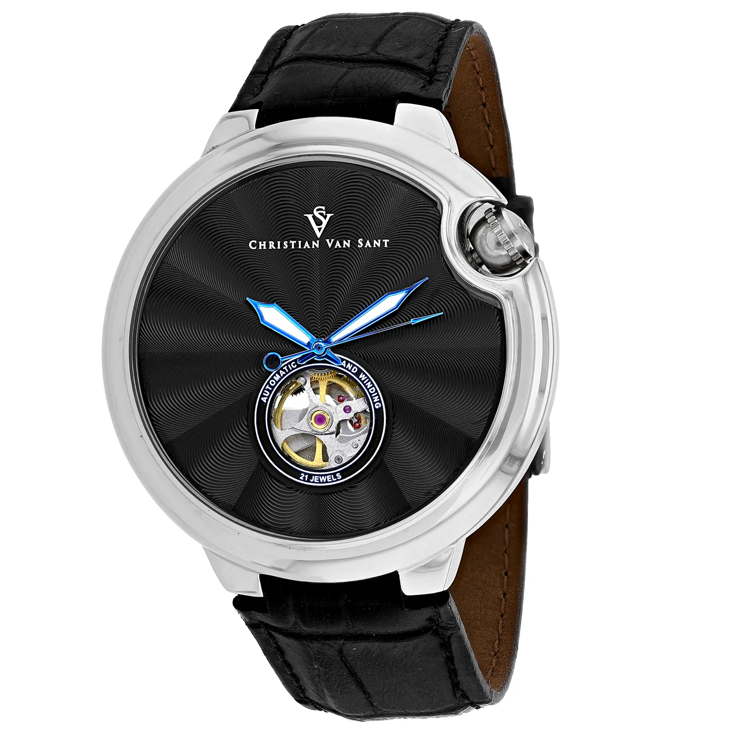 Christian Van Sant Men's 46mm Cyclone Automatic Open Heart Leather Strap Watch - Image 3