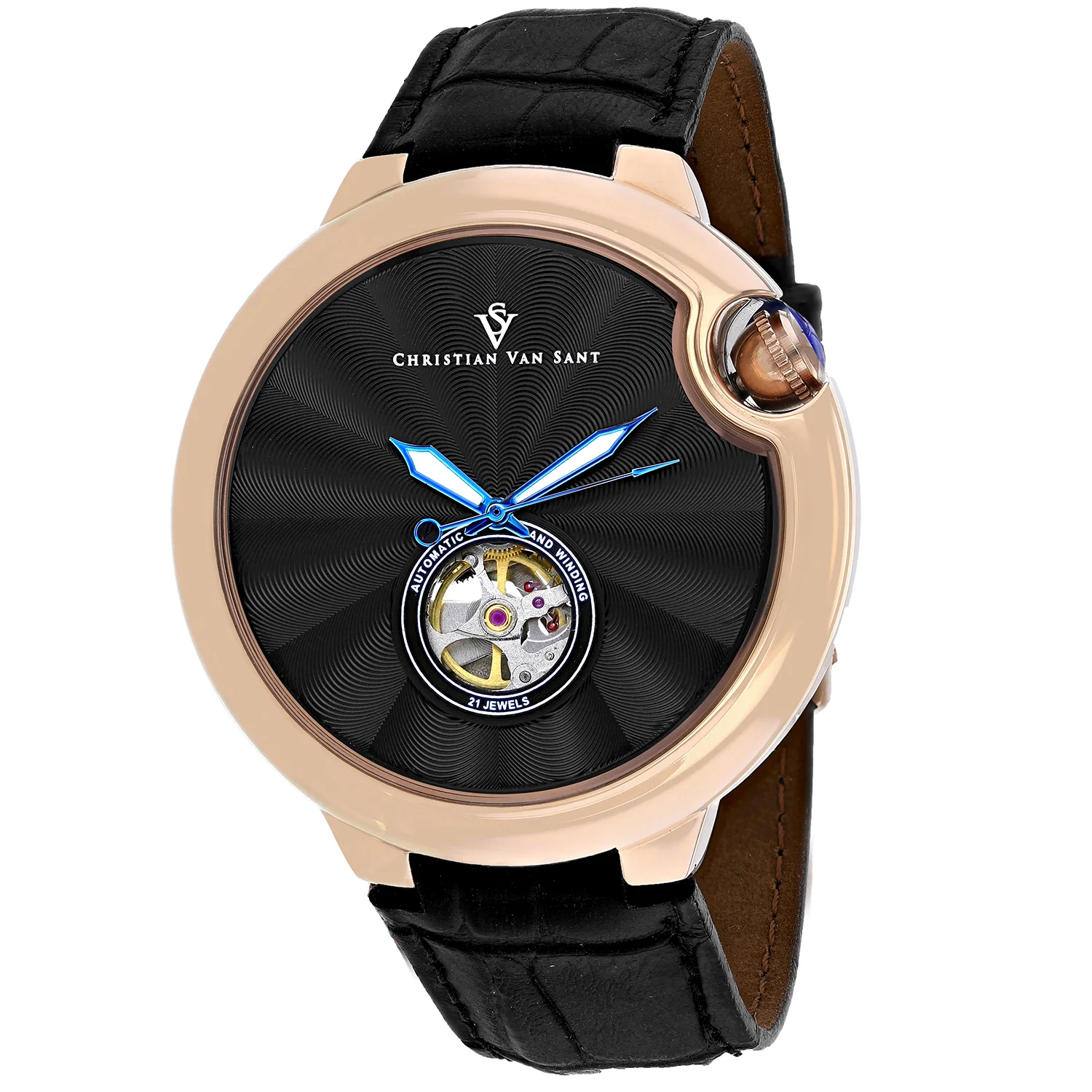 Christian Van Sant Men's 46mm Cyclone Automatic Open Heart Leather Strap Watch - Image 4