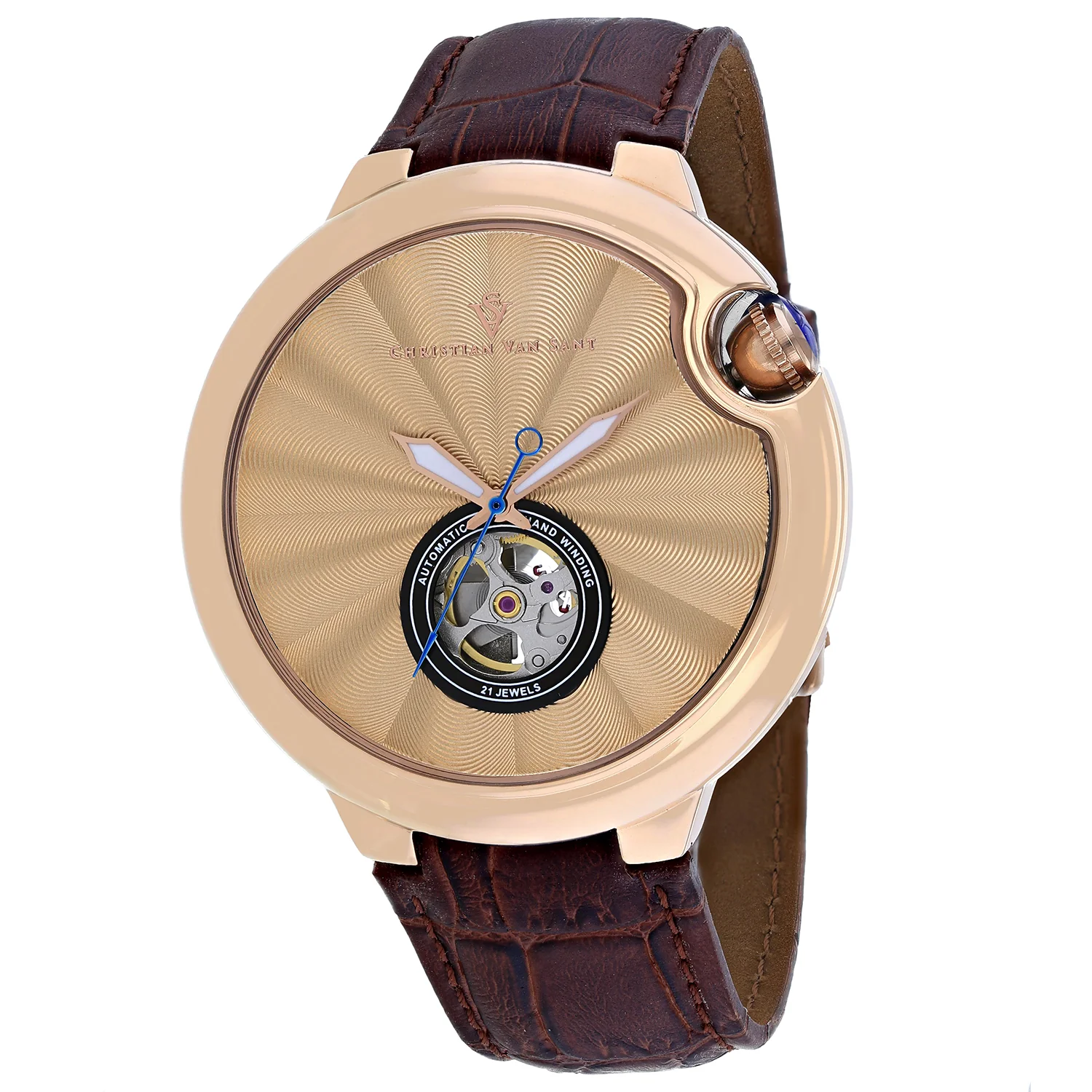Christian Van Sant Men's 46mm Cyclone Automatic Open Heart Leather Strap Watch - Image 5