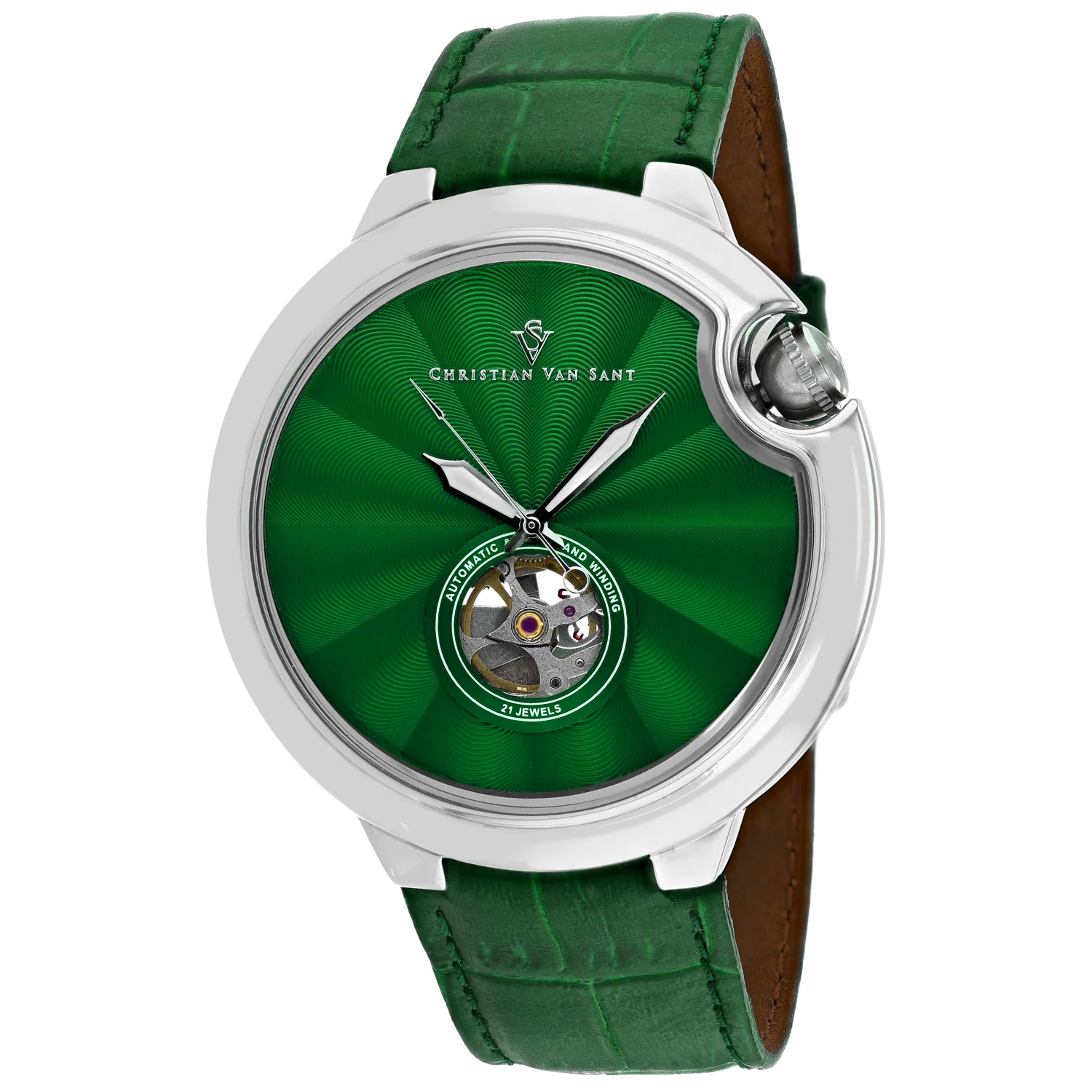 Christian Van Sant Men's 46mm Cyclone Automatic Open Heart Leather Strap Watch - Image 6