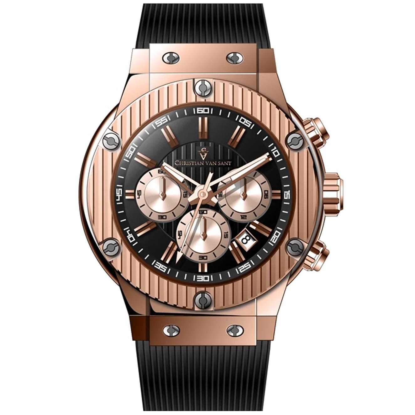 Christian Van Sant Men's 46mm Monarchy Quartz Chronograph Black Rubber Strap Watch - Image 2