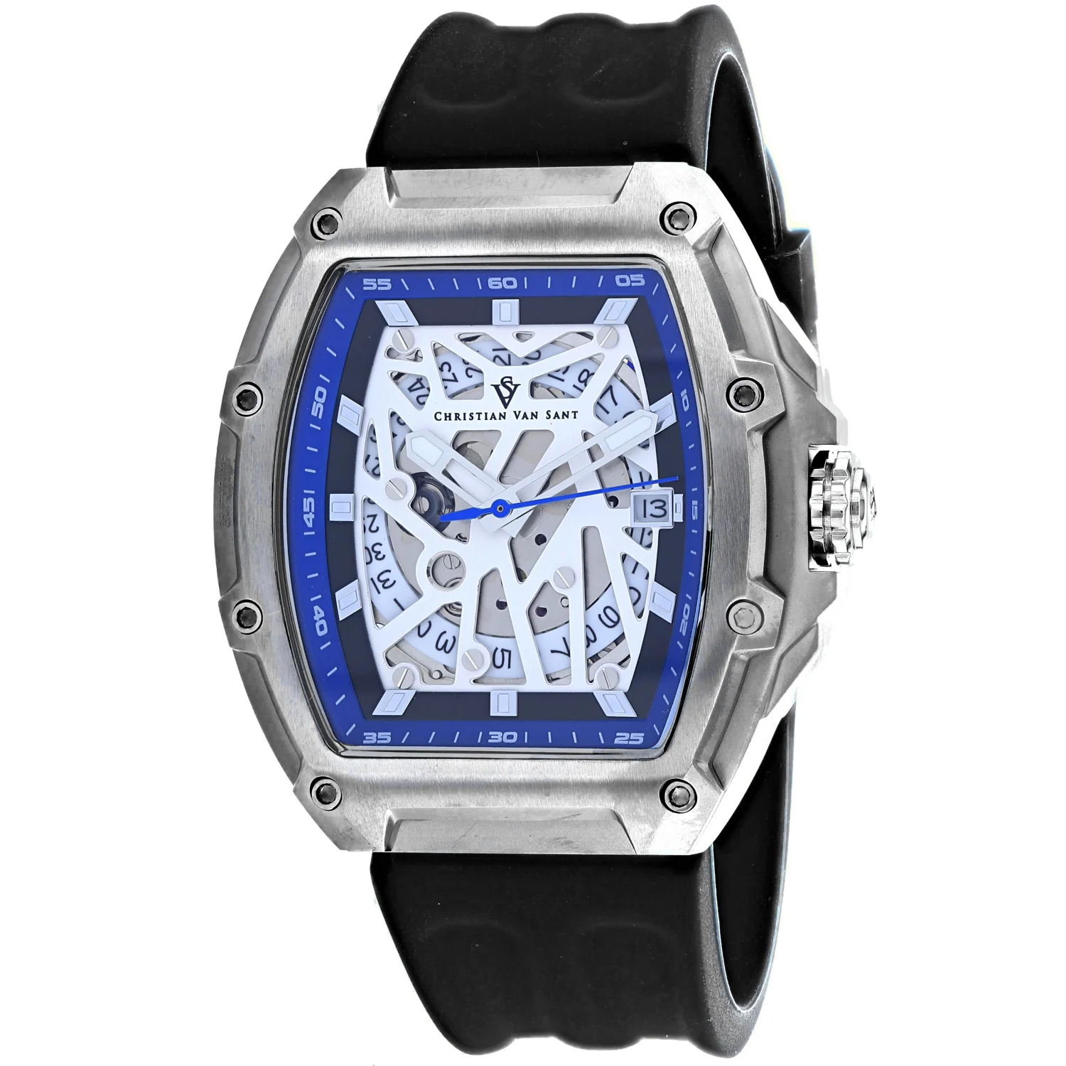 Christian Van Sant Men's 50mm Odyssey Automatic Date Skeletonized Dial Rubber Strap Watch - Image 3