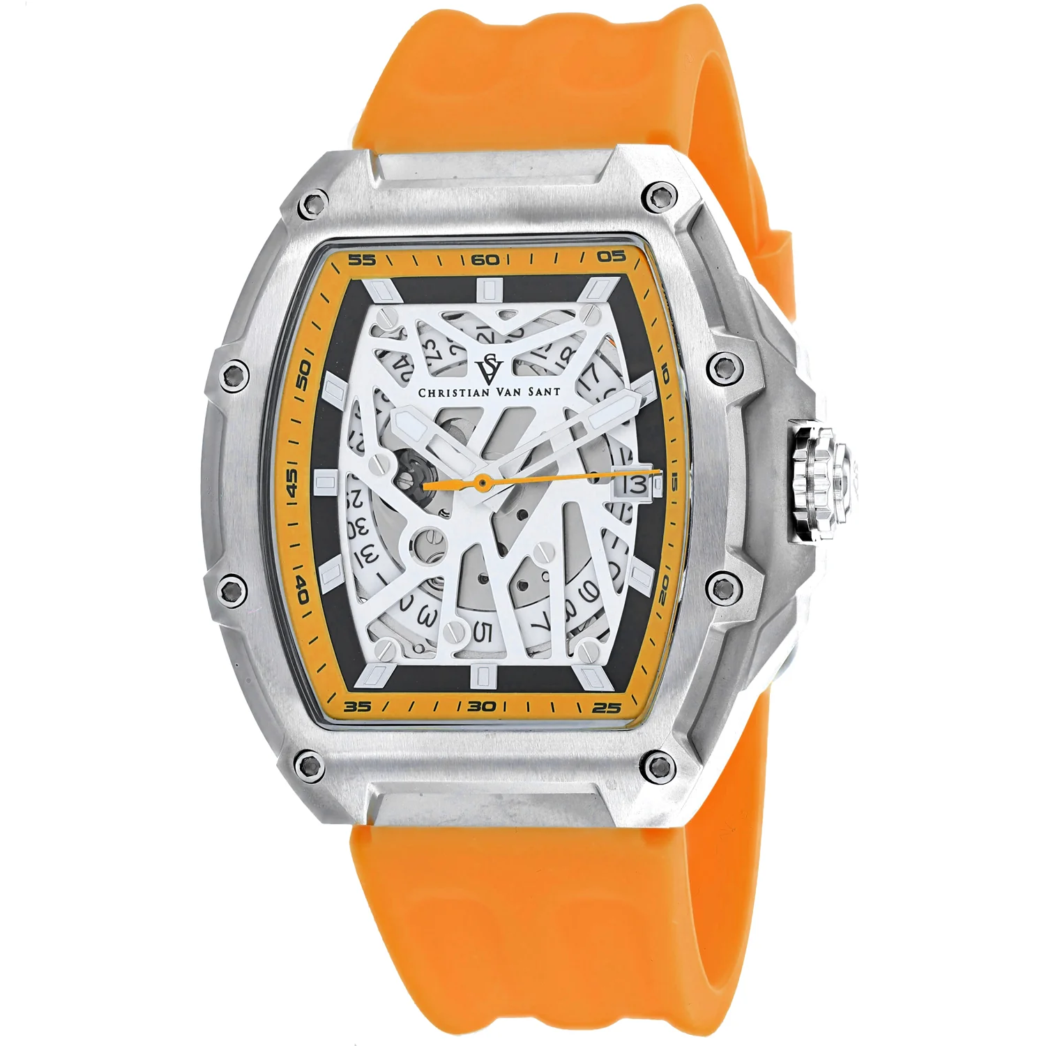 Christian Van Sant Men's 50mm Odyssey Automatic Date Skeletonized Dial Rubber Strap Watch - Image 5
