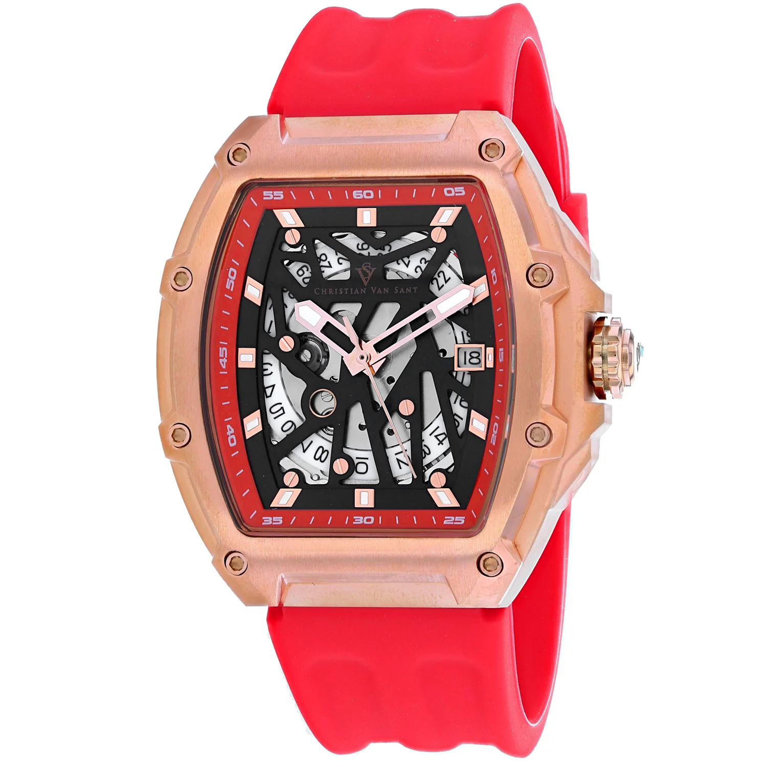 Christian Van Sant Men's 50mm Odyssey Automatic Date Skeletonized Dial Rubber Strap Watch - Image 6