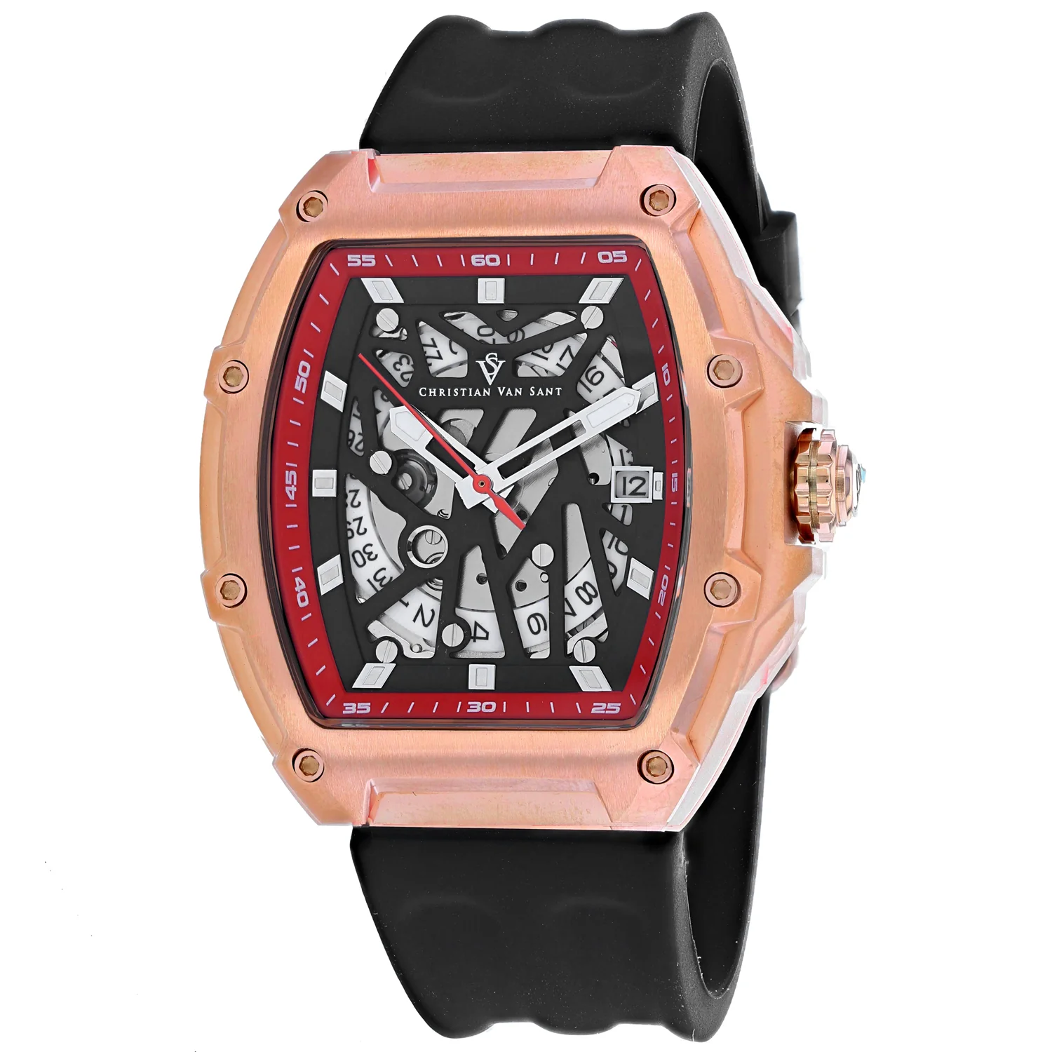 Christian Van Sant Men's 50mm Odyssey Automatic Date Skeletonized Dial Rubber Strap Watch - Image 7