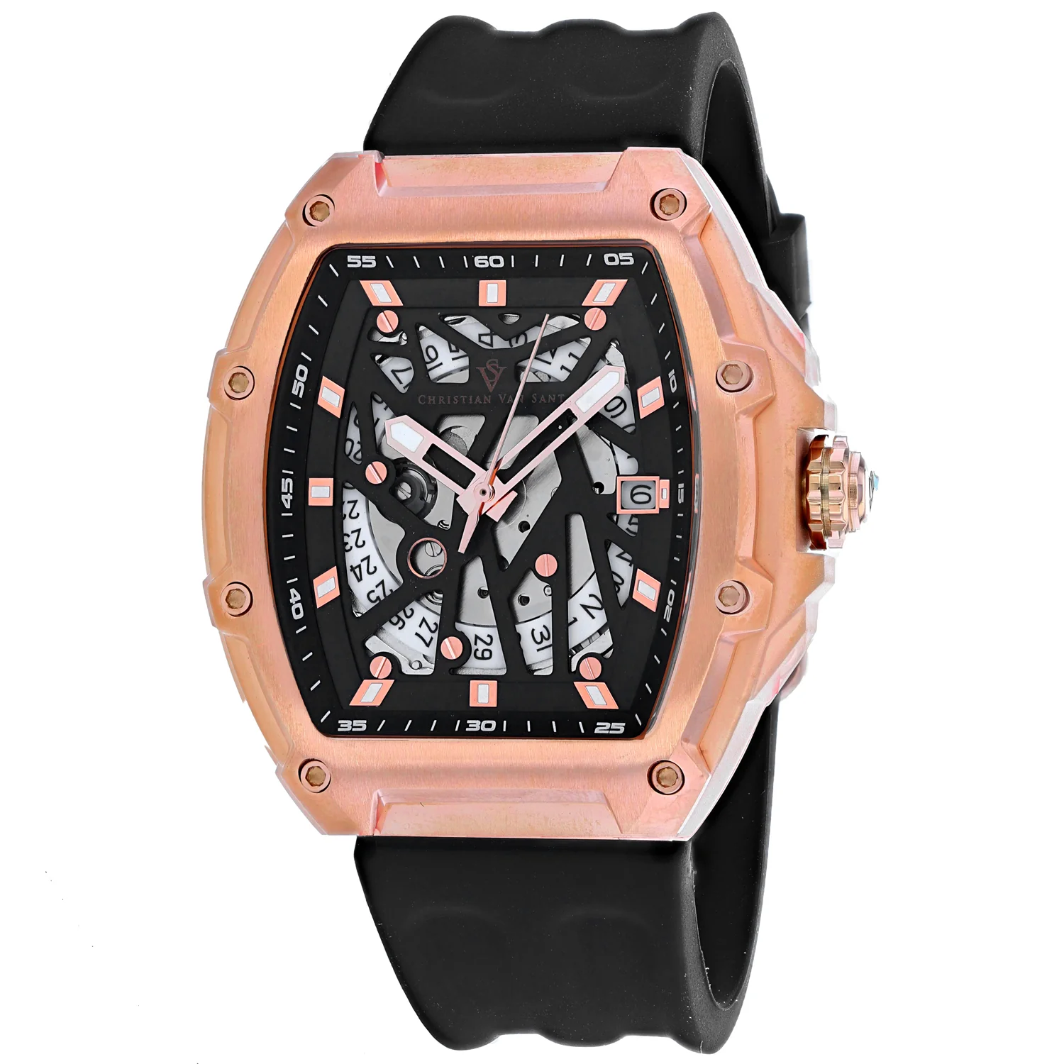 Christian Van Sant Men's 50mm Odyssey Automatic Date Skeletonized Dial Rubber Strap Watch - Image 8