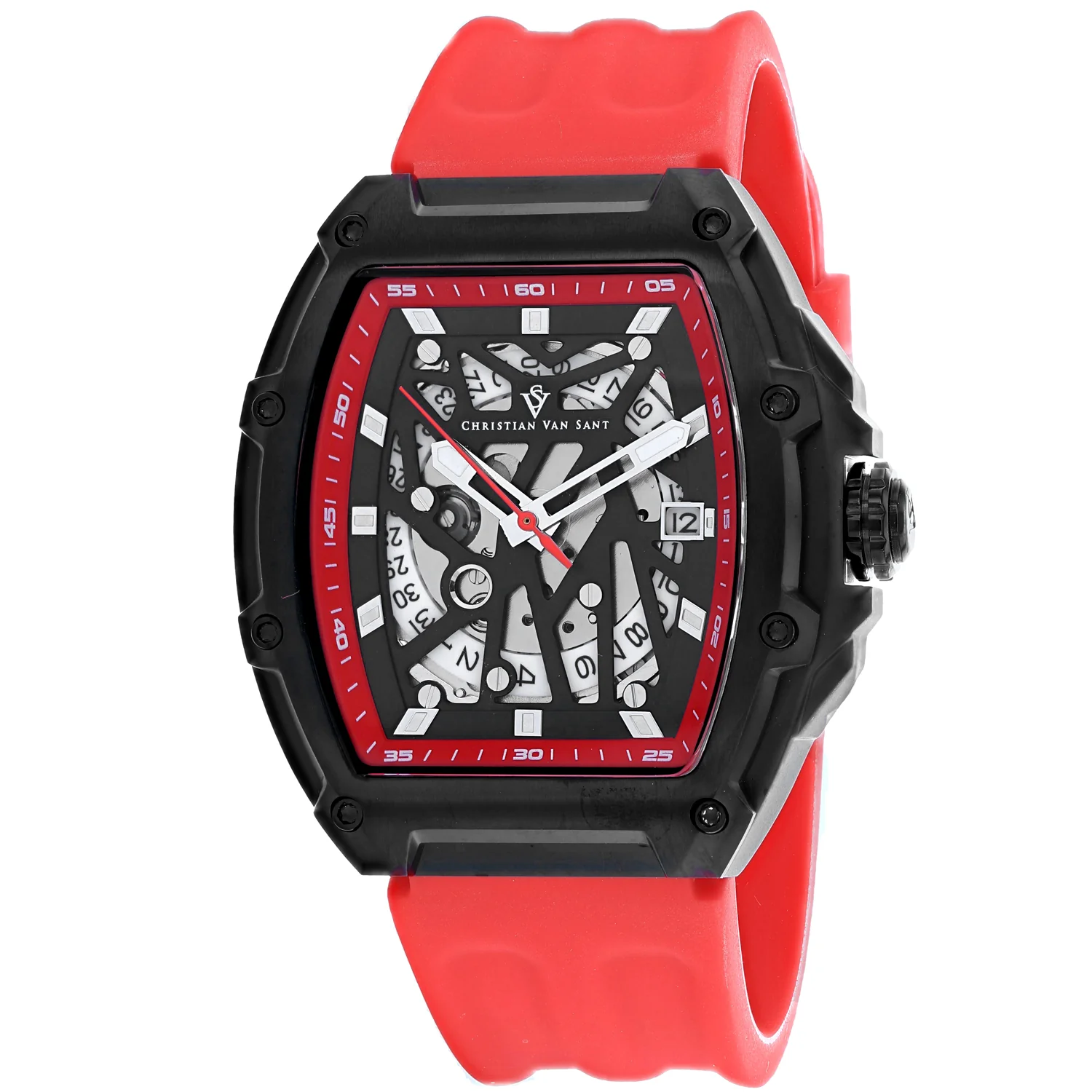Christian Van Sant Men's 50mm Odyssey Automatic Date Skeletonized Dial Rubber Strap Watch - Image 9