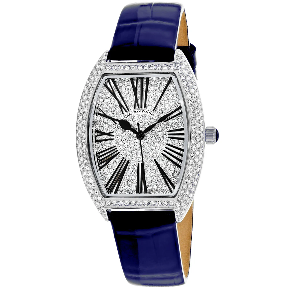 Christian Van Sant Women's 36mm Chic Quartz Crystal Pave Tonneau Leather Strap Watch - Image 2