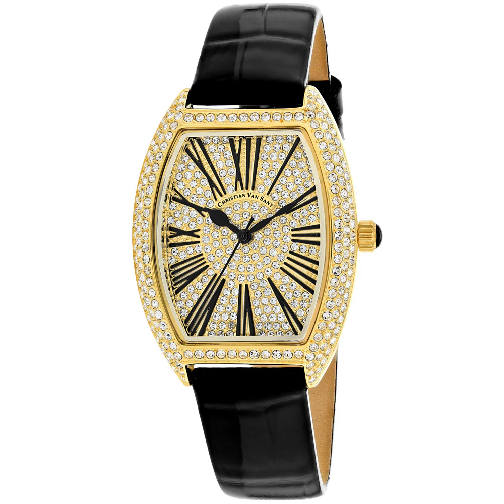 Christian Van Sant Women's 36mm Chic Quartz Crystal Pave Tonneau Leather Strap Watch - Image 3
