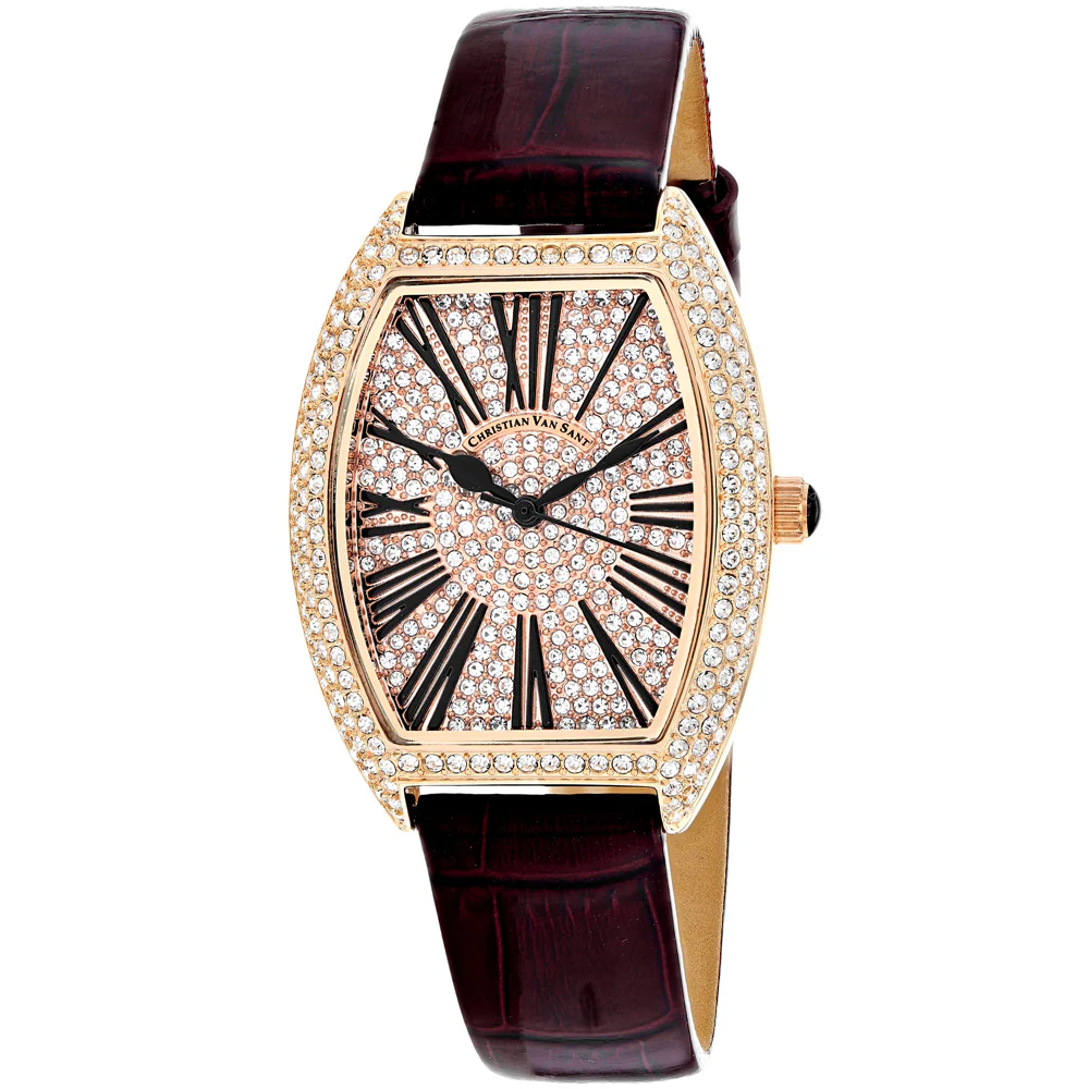 Christian Van Sant Women's 36mm Chic Quartz Crystal Pave Tonneau Leather Strap Watch - Image 4