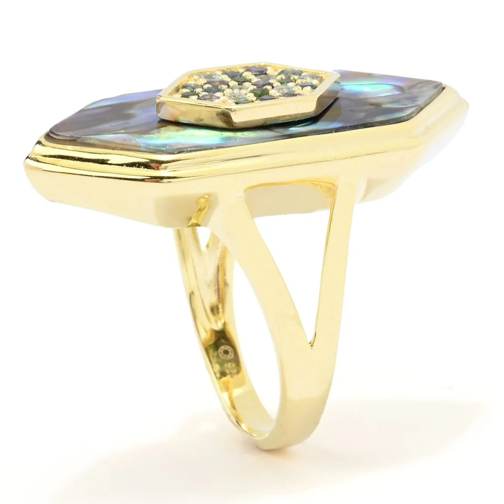 14K Gold Plated Fancy Cut Abalone & Multi-Gem Hexagon Shape Ring - Image 2