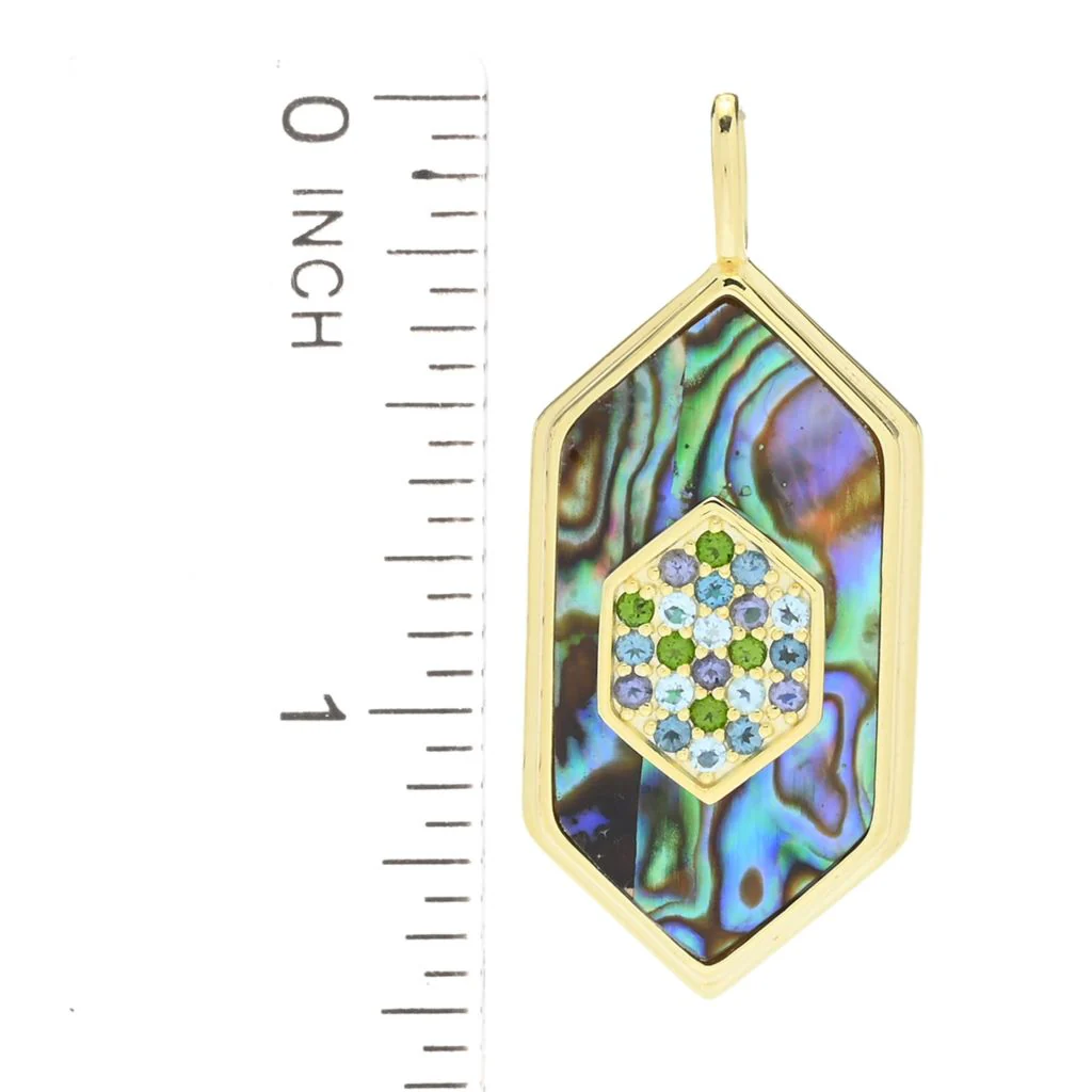 14K Gold Plated Fancy Cut Abalone & Multi-Gemstone Hexagon Pendant - Image 2