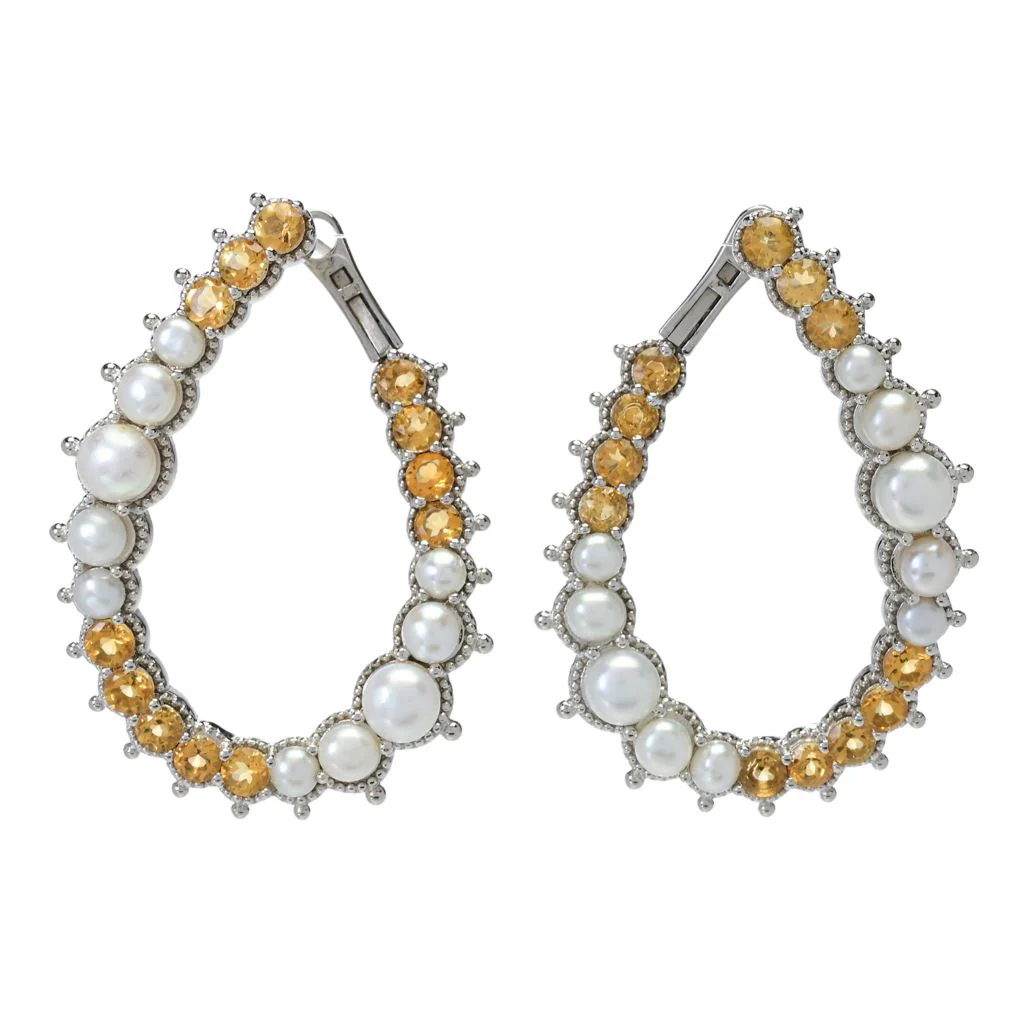 Platinum Plated Cultured Pearl & Choice of Gem Hoop Earrings - Image 2
