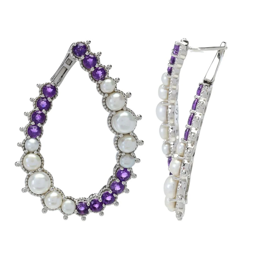 Platinum Plated Cultured Pearl & Choice of Gem Hoop Earrings - Image 3