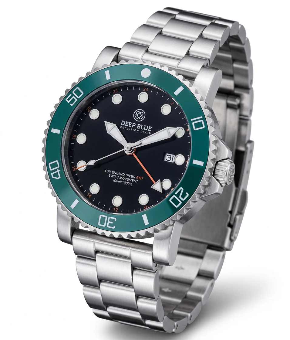Deep Blue 44mm Green Land Quartz Dual Time Bracelet Watch - Image 2