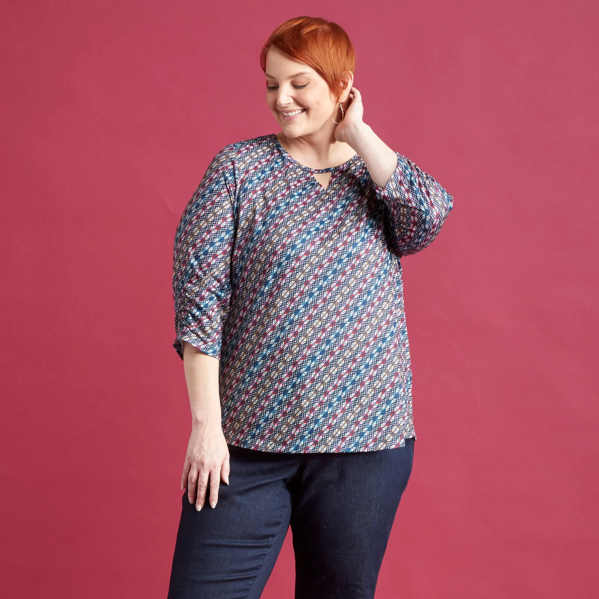 Christopher & Banks Diagonal Geo Print Keyhole Neck 3/4 Sleeve Tee - Image 2