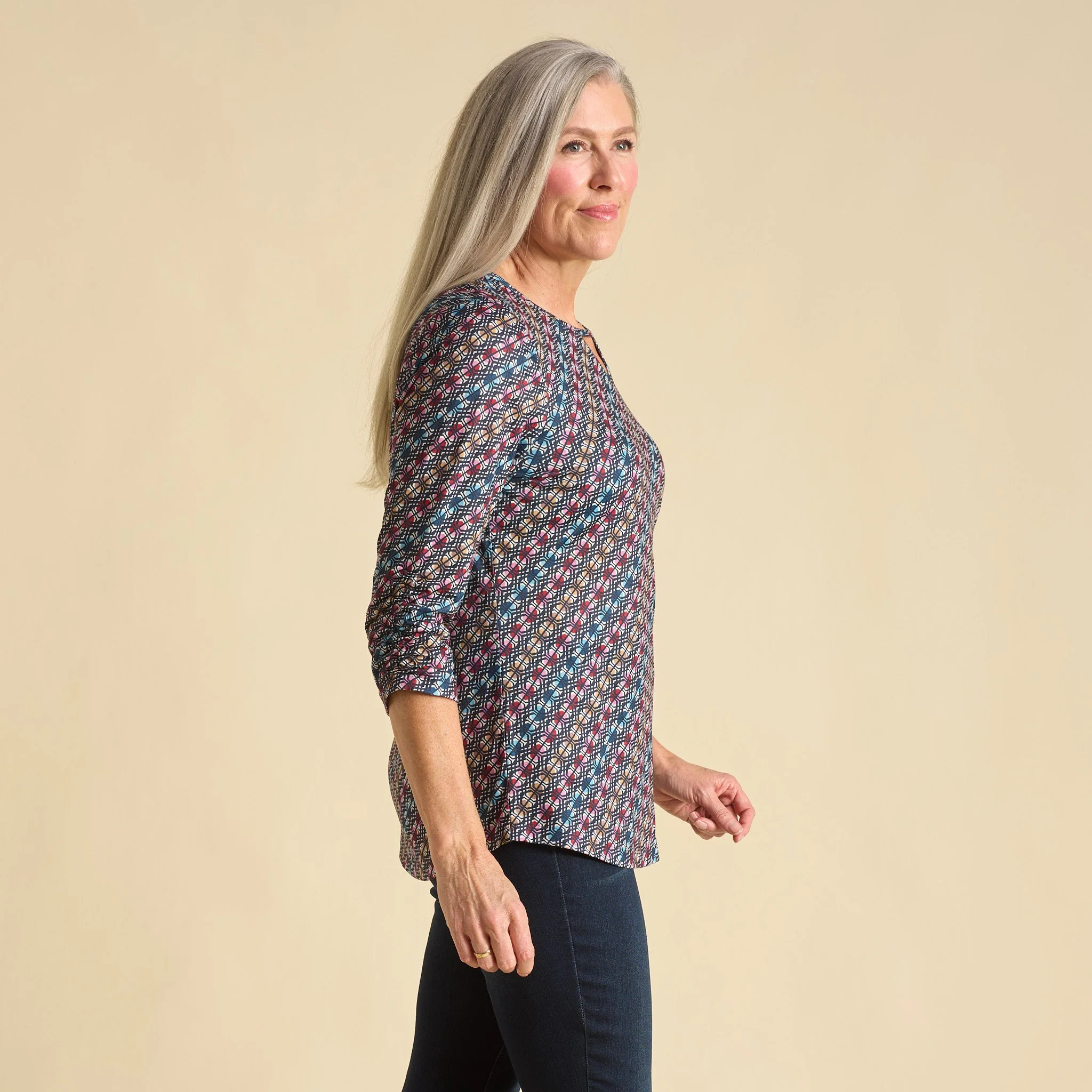 Christopher & Banks Diagonal Geo Print Keyhole Neck 3/4 Sleeve Tee - Image 4