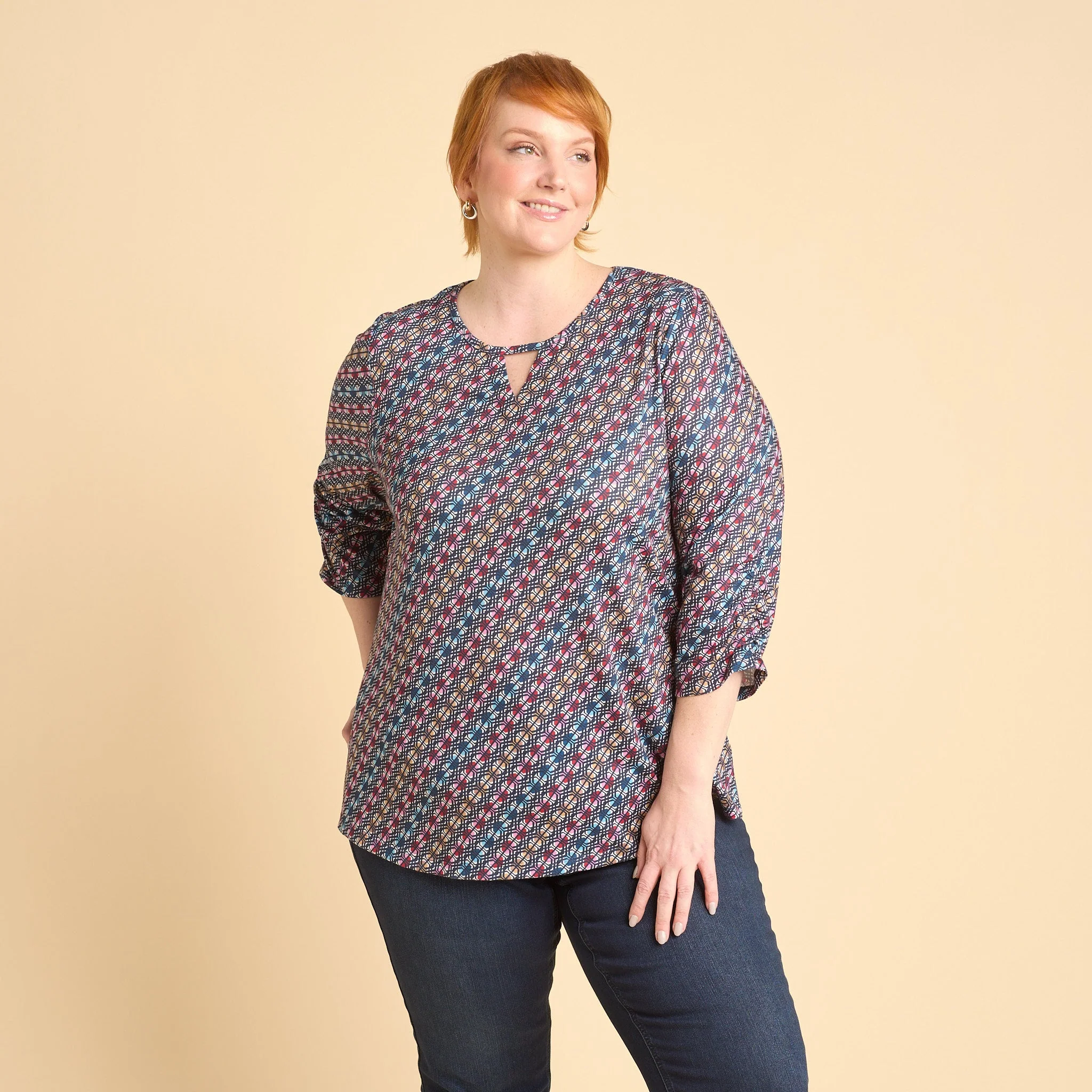 Christopher & Banks Diagonal Geo Print Keyhole Neck 3/4 Sleeve Tee - Image 7