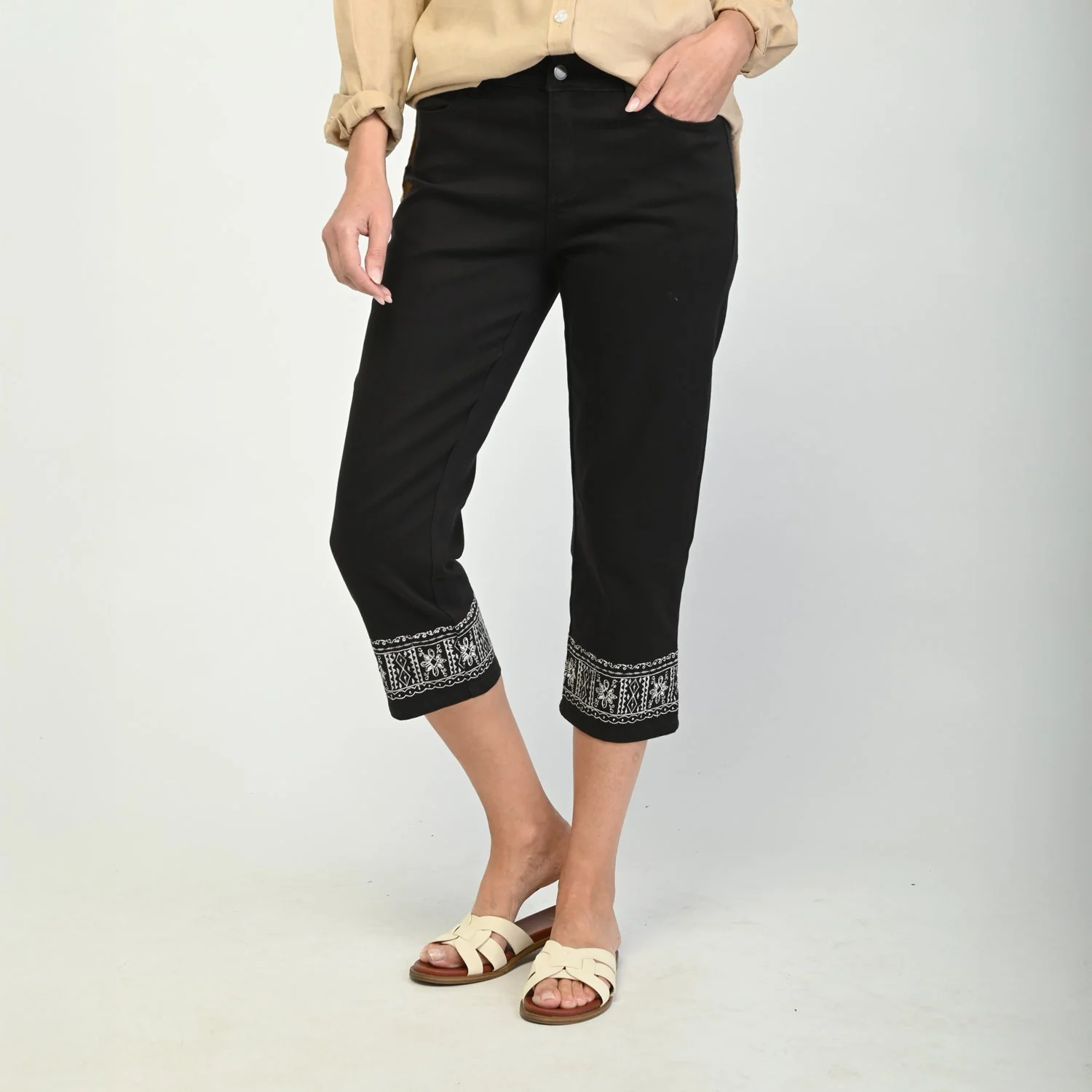 Christopher & Banks Embroidered Hem Relaxed Fit Denim Capri - Image 3