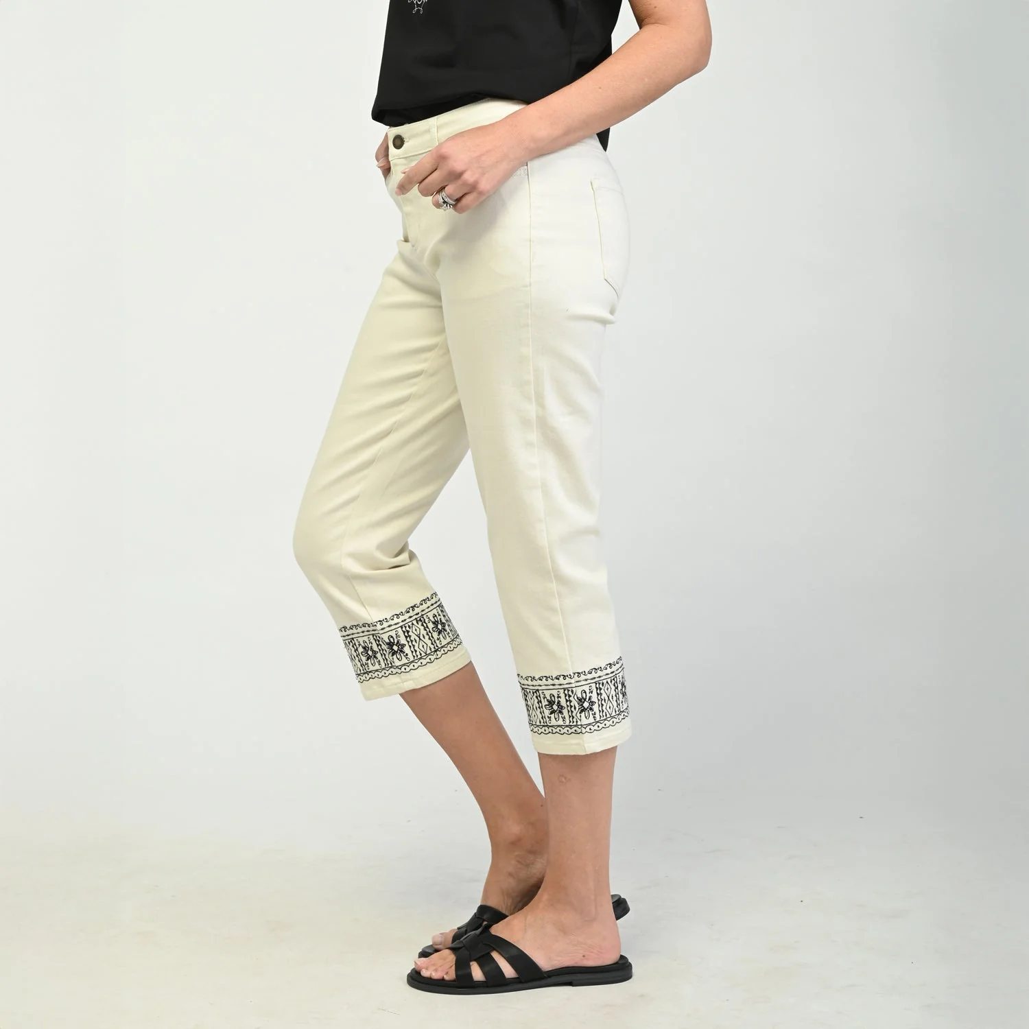 Christopher & Banks Embroidered Hem Relaxed Fit Denim Capri - Image 5