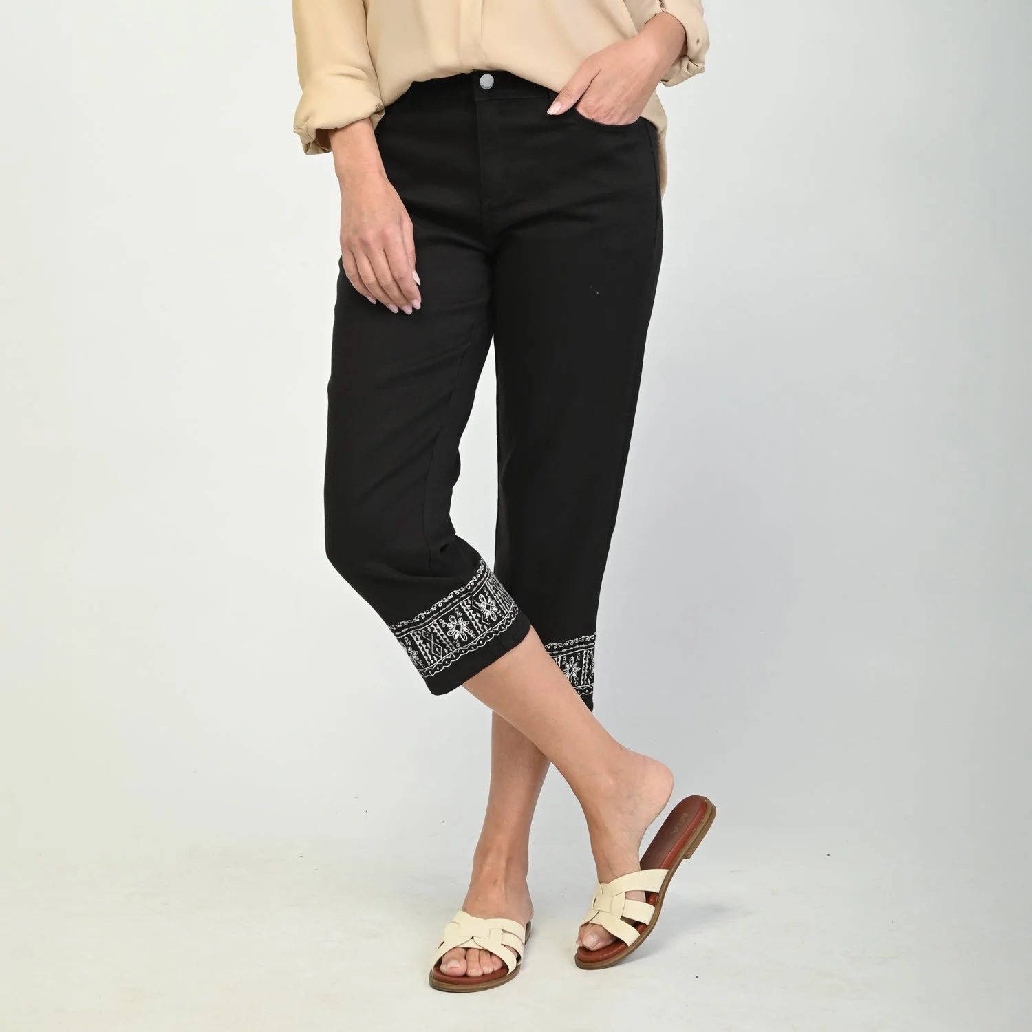 Christopher & Banks Embroidered Hem Relaxed Fit Denim Capri - Image 6