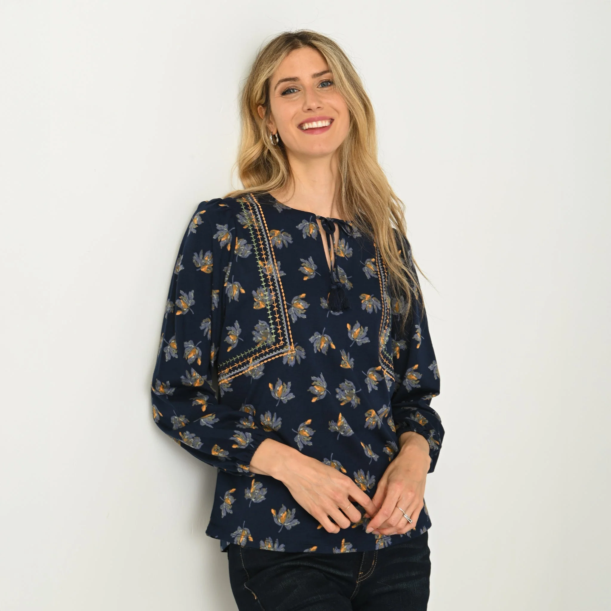 Christopher & Banks Embroidered Tie Neck Peasant Top - Image 3