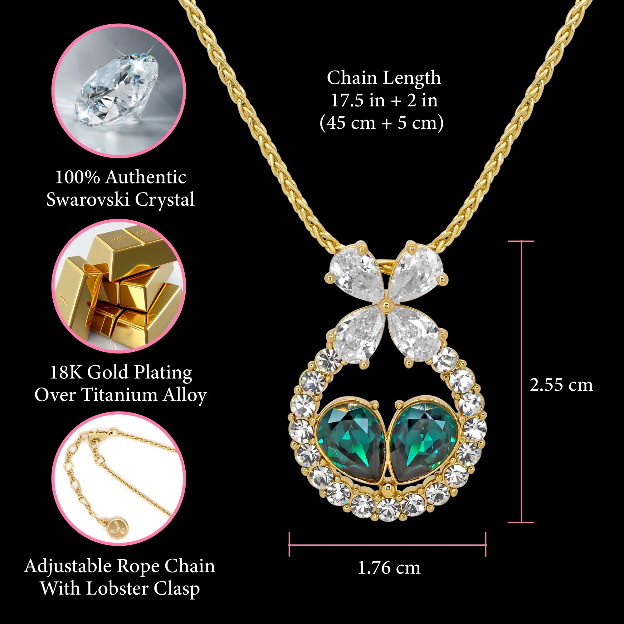 TRYNDI 18K Gold Plated Simulated Emerald Heart Swarovski Crystal Necklace - Image 3
