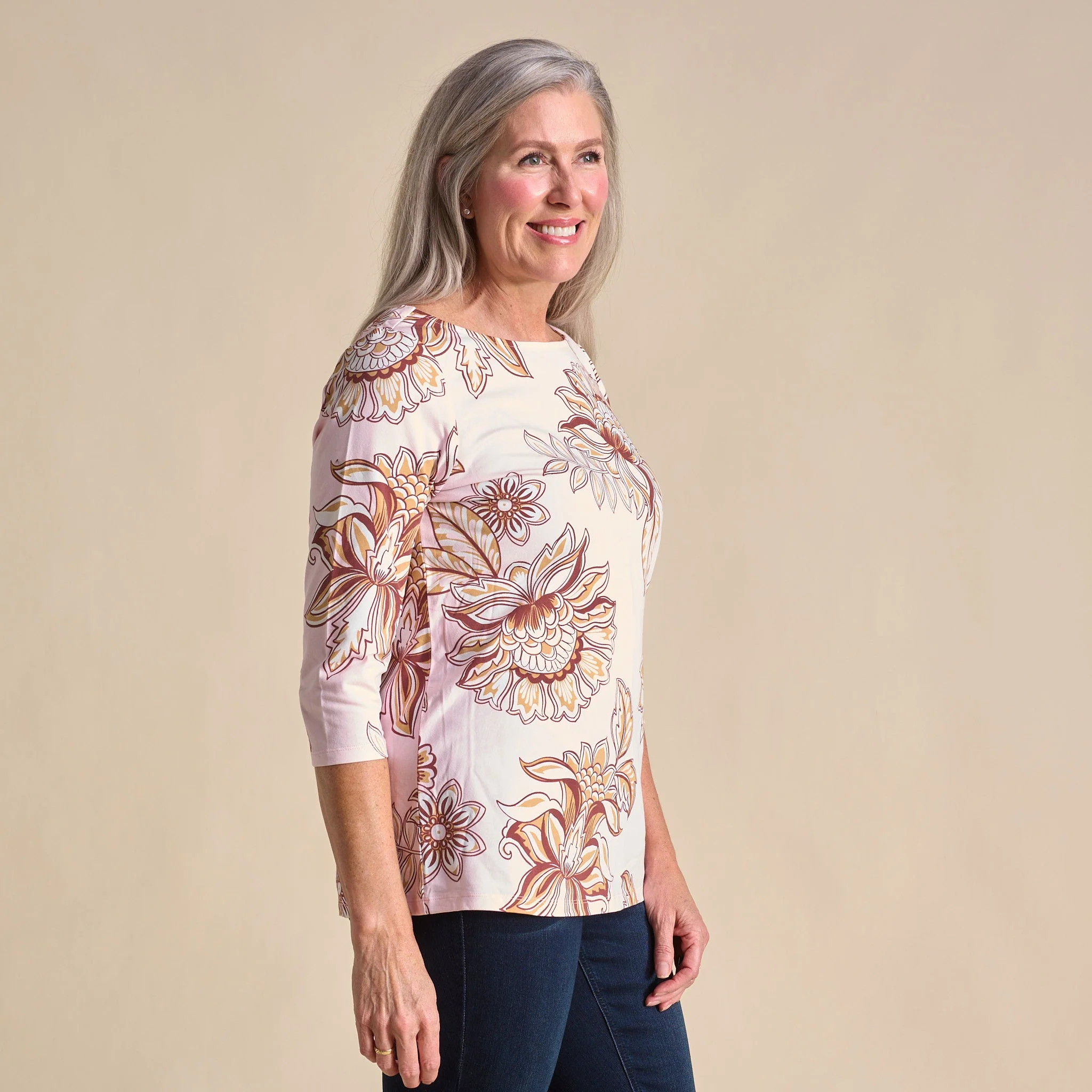Christopher & Banks Floral Print Boatneck 3/4 Sleeve Tee - Image 4