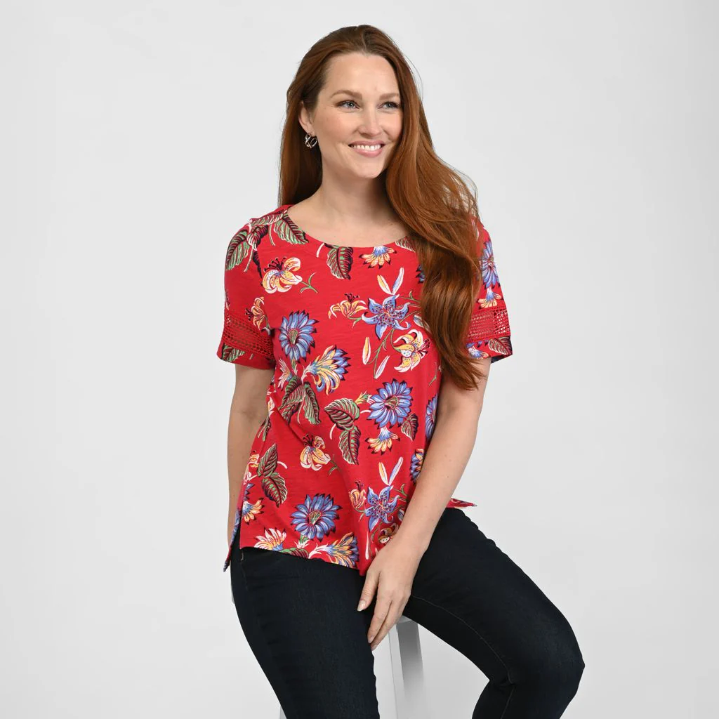 Christopher & Banks Floral Print Lace Inset Short Sleeve Tee - Image 2