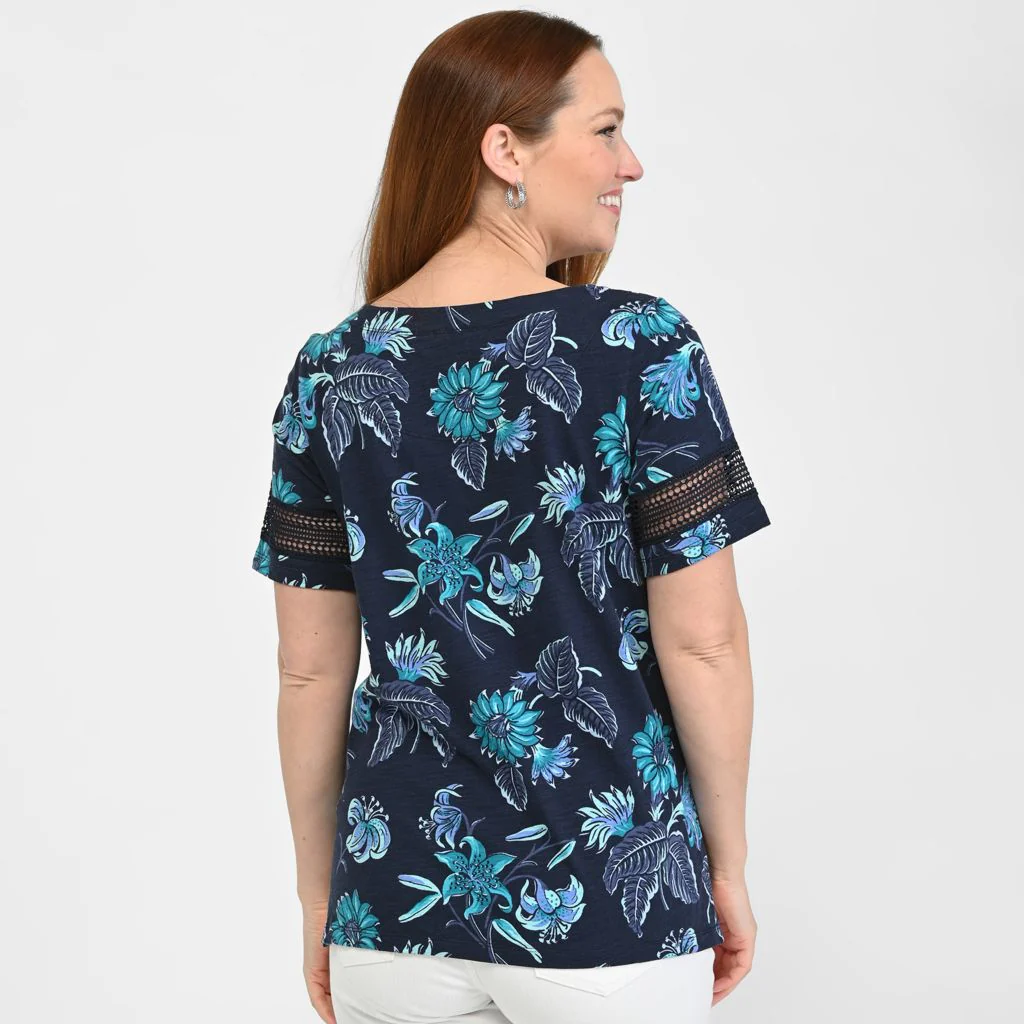Christopher & Banks Floral Print Lace Inset Short Sleeve Tee - Image 3