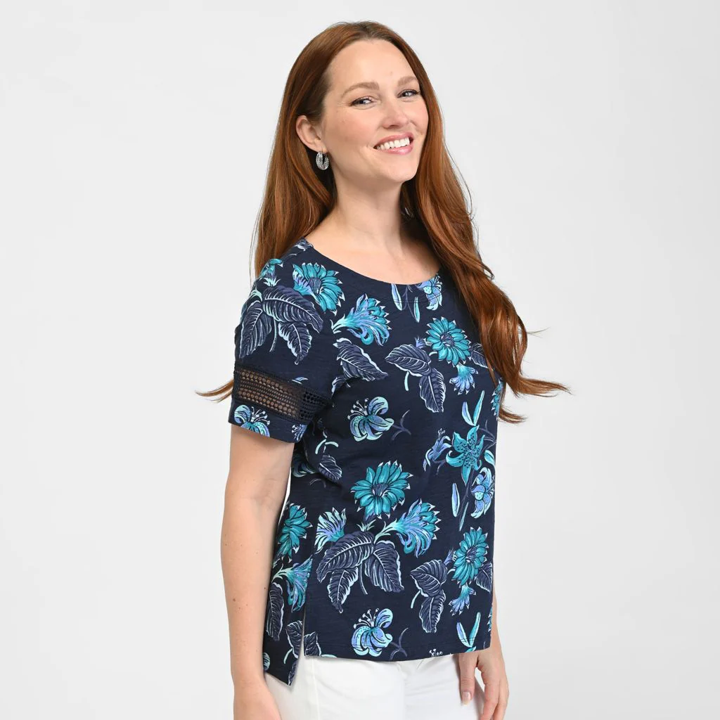 Christopher & Banks Floral Print Lace Inset Short Sleeve Tee - Image 4