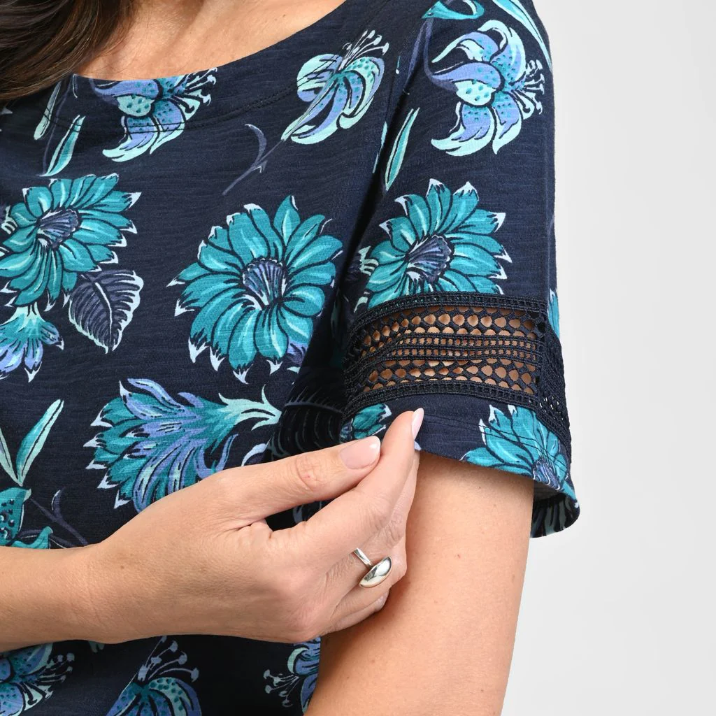Christopher & Banks Floral Print Lace Inset Short Sleeve Tee - Image 5