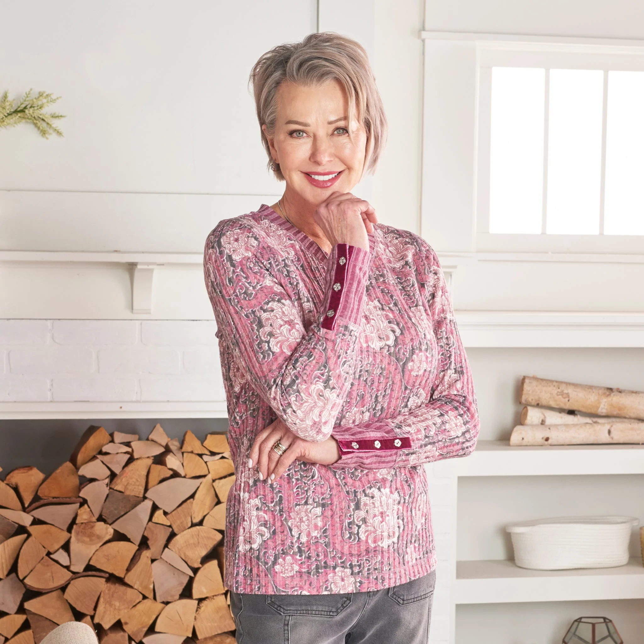 Christopher & Banks Floral Print Rib Knit Long Sleeve Tee - Image 2
