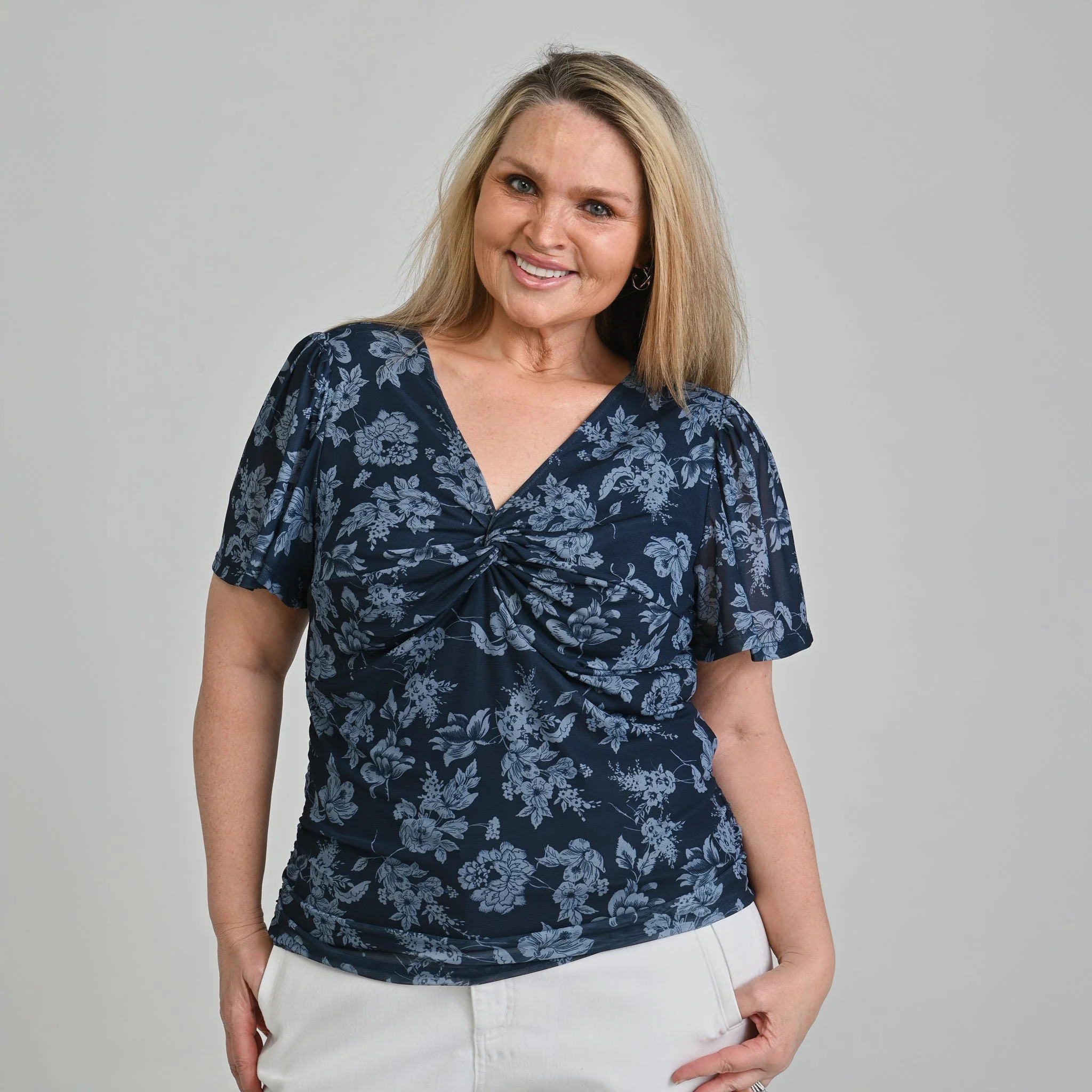 Christopher & Banks Floral Print Twist Neck Mesh Top - Image 7