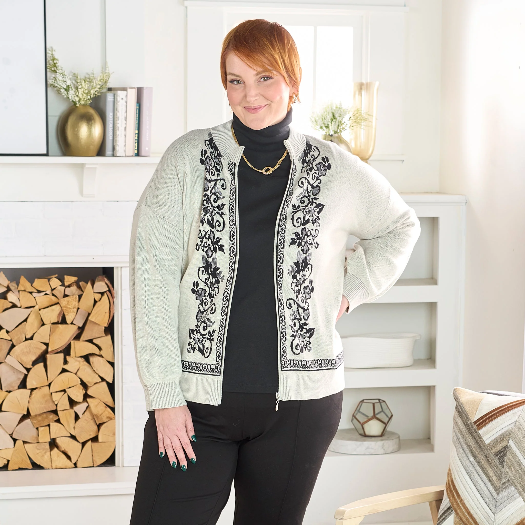 Christopher & Banks Floral Printed Mock Neck Cardigan - Image 2