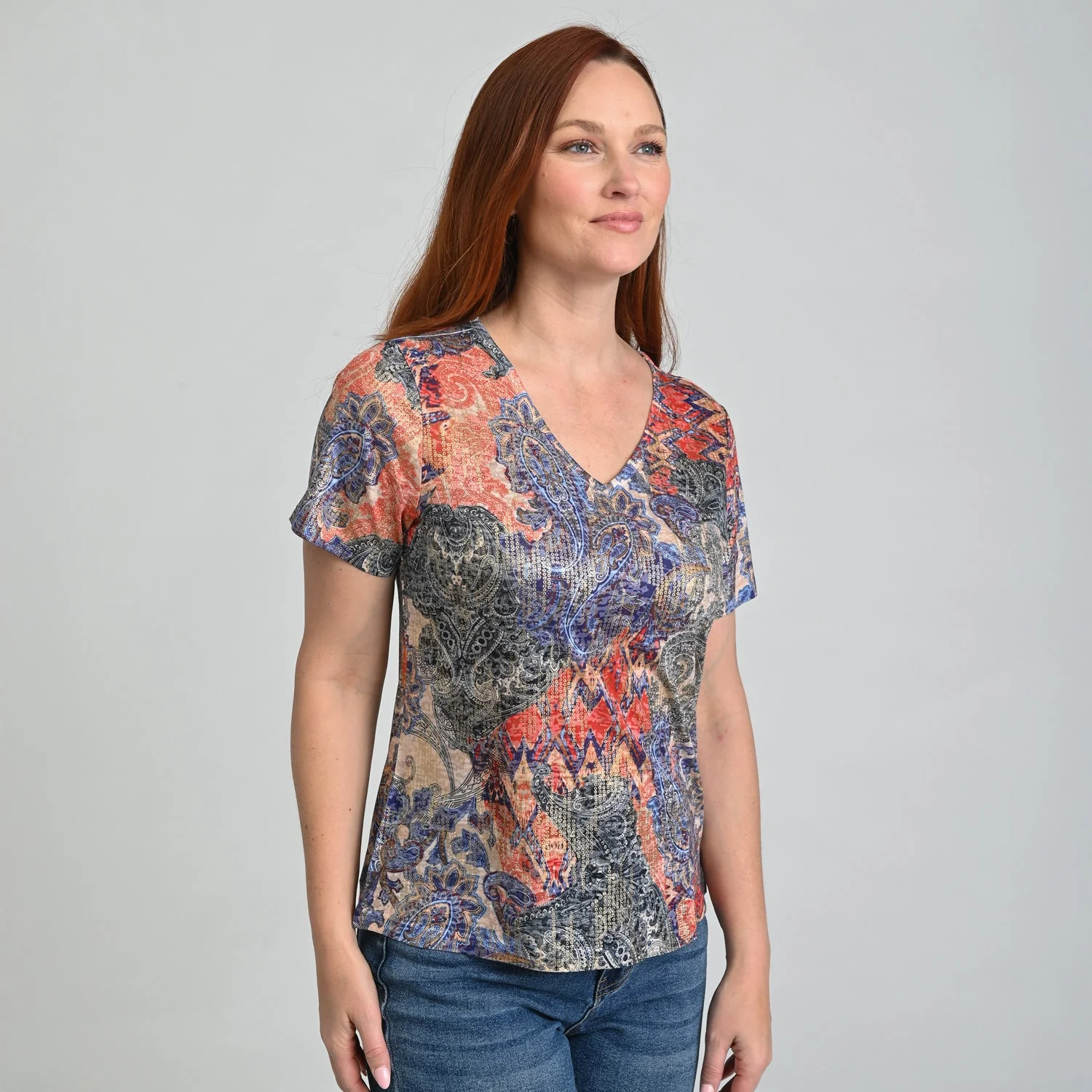 Christopher & Banks Foil Print Short Sleeve V-Neck Tee - Image 4