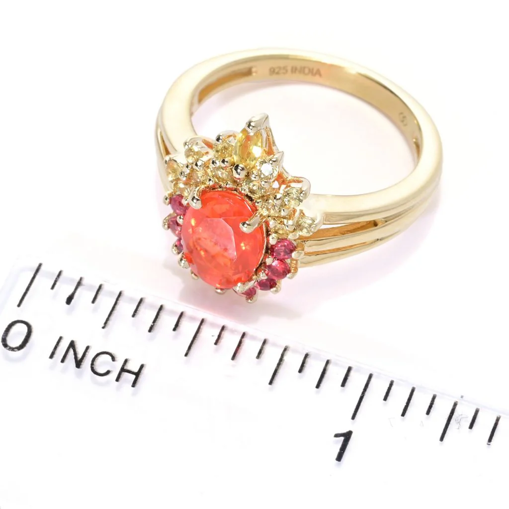 Gem Treasures 18K Vermeil 8x6mm Fire Opal & Multi Sapphire Halo Ring - Image 2