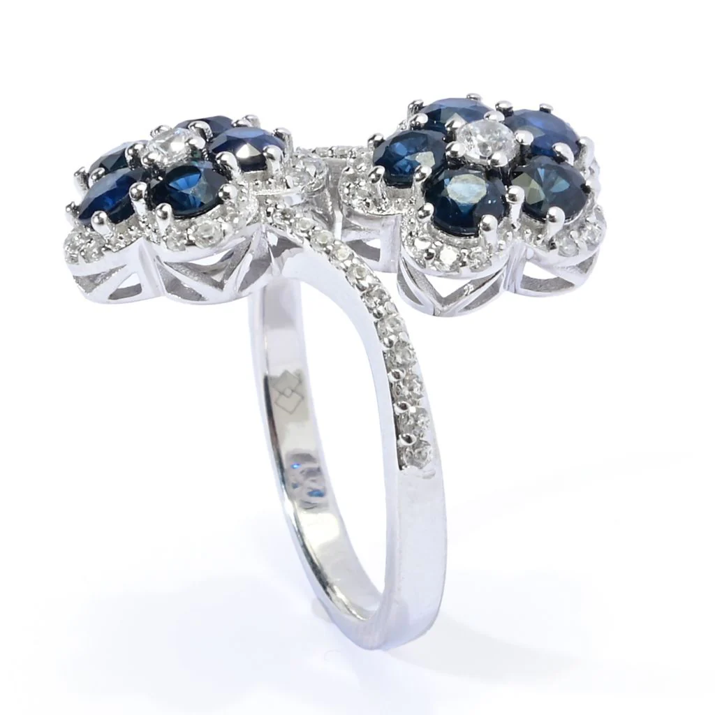 Gem Treasures 2.64ctw Australian Blue Sapphire & Zircon Flower Bypass Ring - Image 2