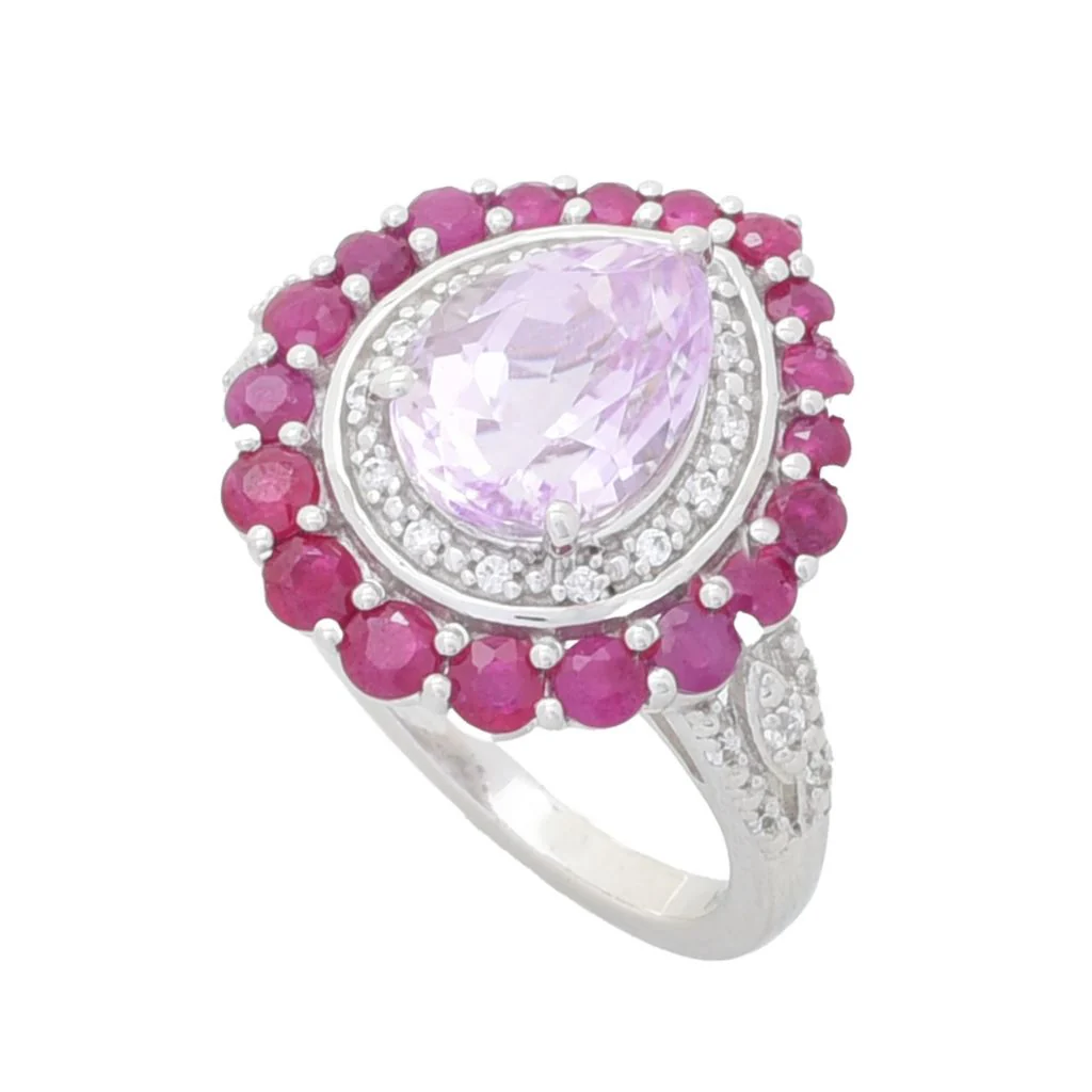 Gem Treasures 3.45ctw Kunzite, Burmese Ruby & White Zircon Halo Ring - Image 4