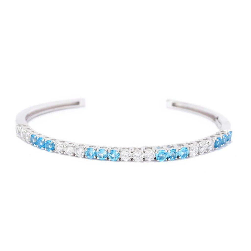 Gem Treasures Swiss Blue Topaz & White Zircon Cuff Bangle Bracelet - Image 3