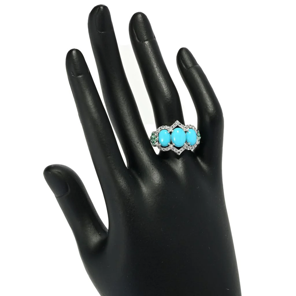 Gem Treasures Sleeping Beauty Turquoise, Emerald & White Zircon Ring - Image 2