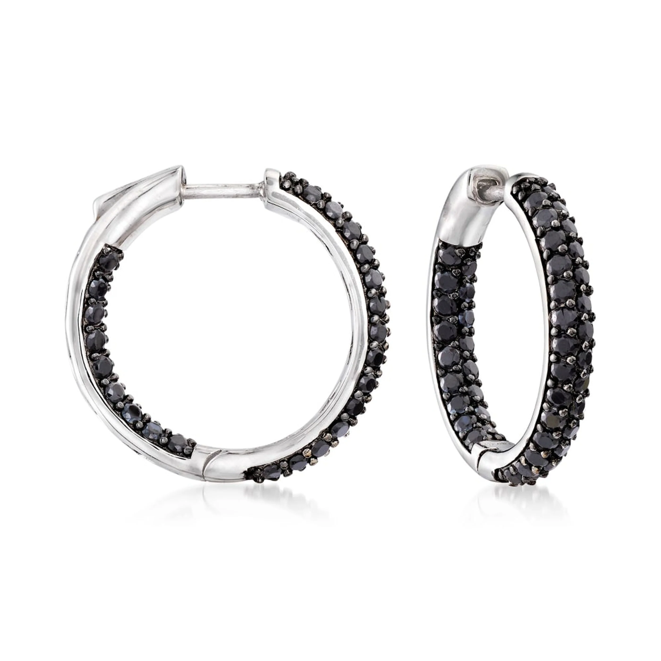 Gem Treasures Sterling Silver Black Spinel Double Row Inside-Out Hoop Earrings - Image 3