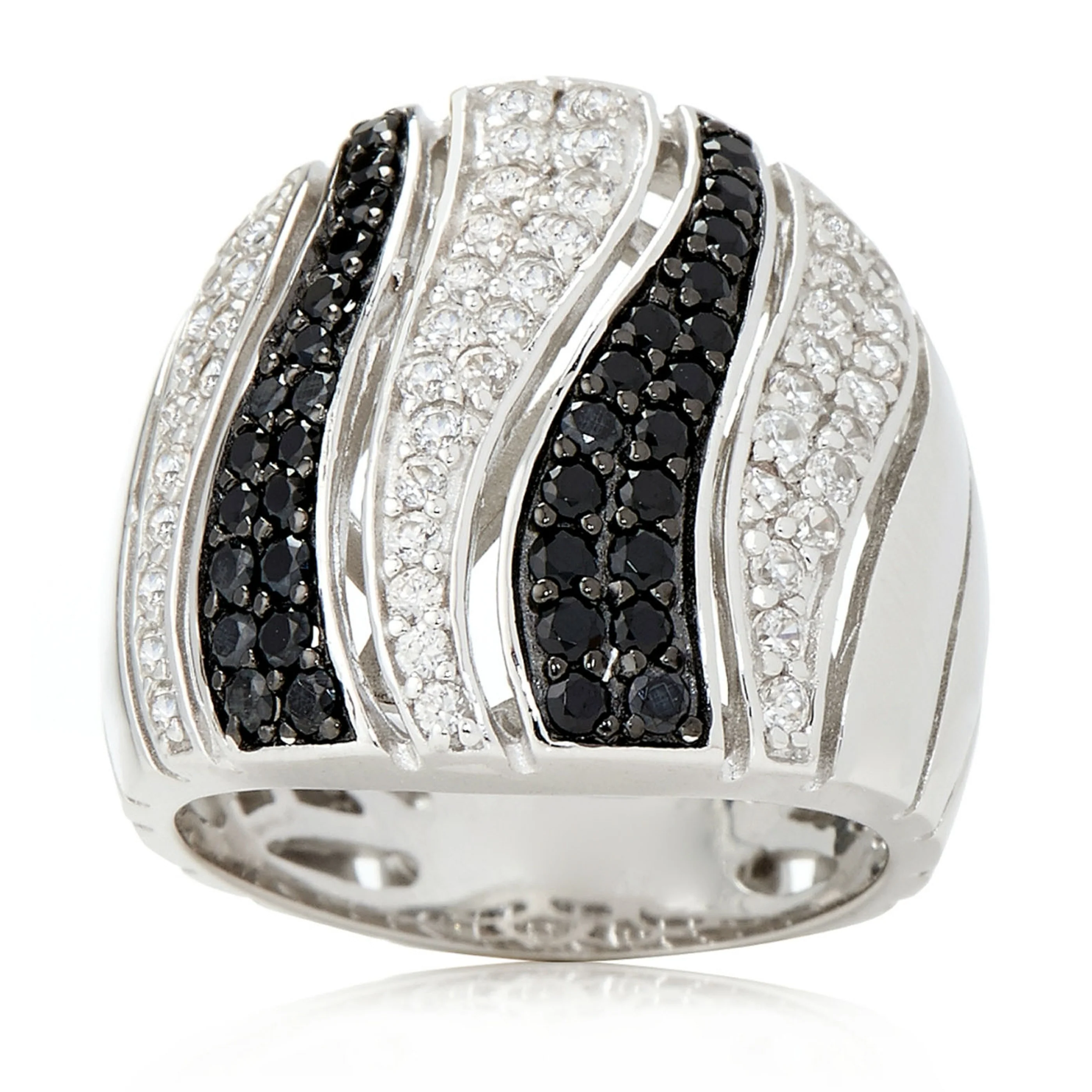 Gem Treasures Sterling Silver Black Spinel & White Zircon Tiger Striped Wide Band Ring - Image 2
