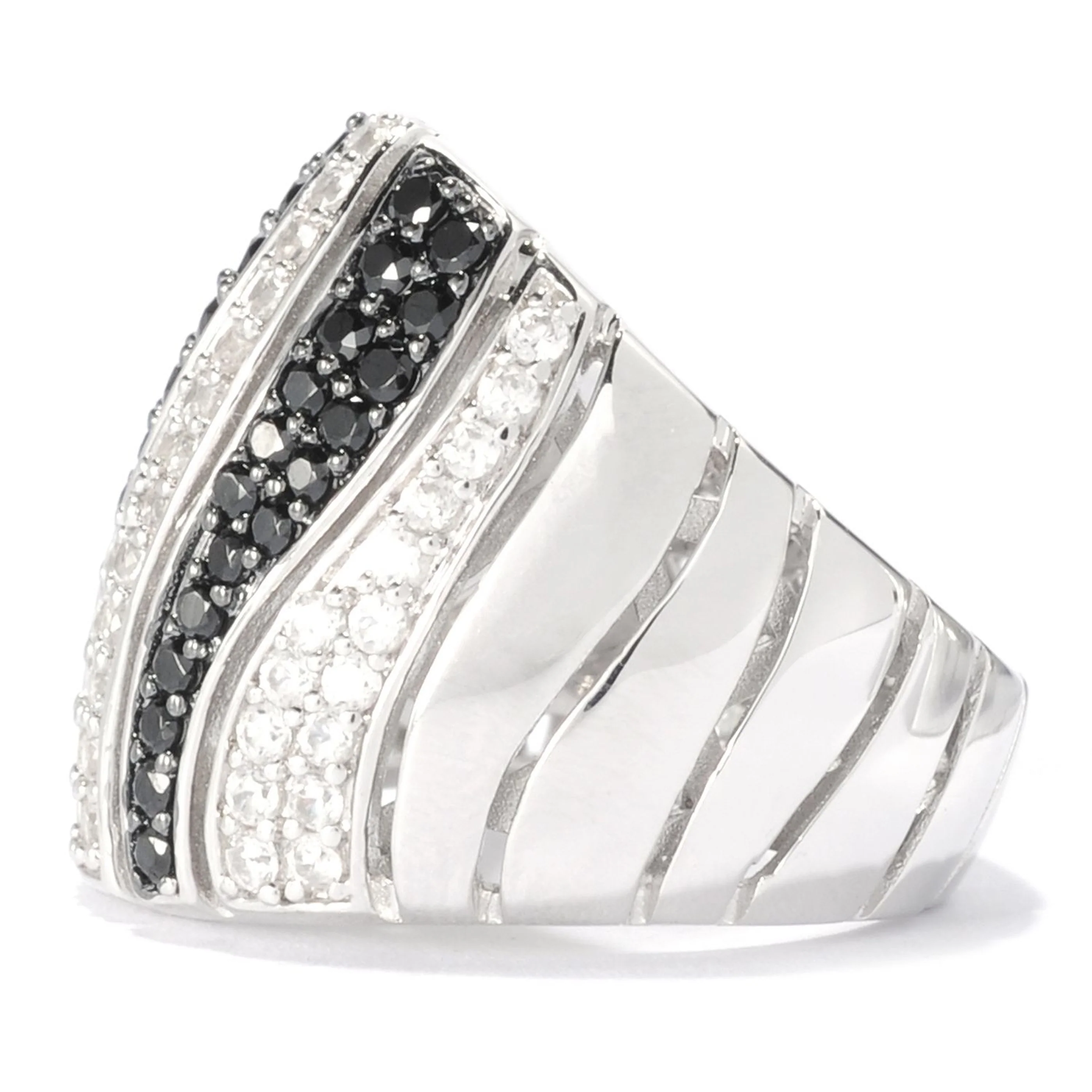 Gem Treasures Sterling Silver Black Spinel & White Zircon Tiger Striped Wide Band Ring - Image 4