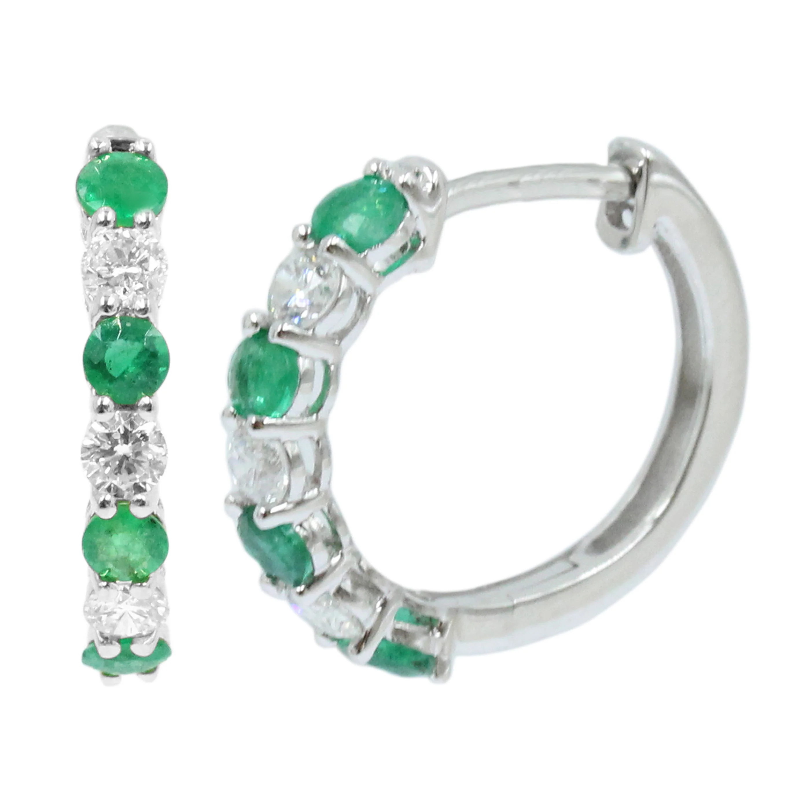 Gilded Lane 14K Gold 2.5mm Round Zambian Emerald & Diamond Hoop Earrings - Image 2