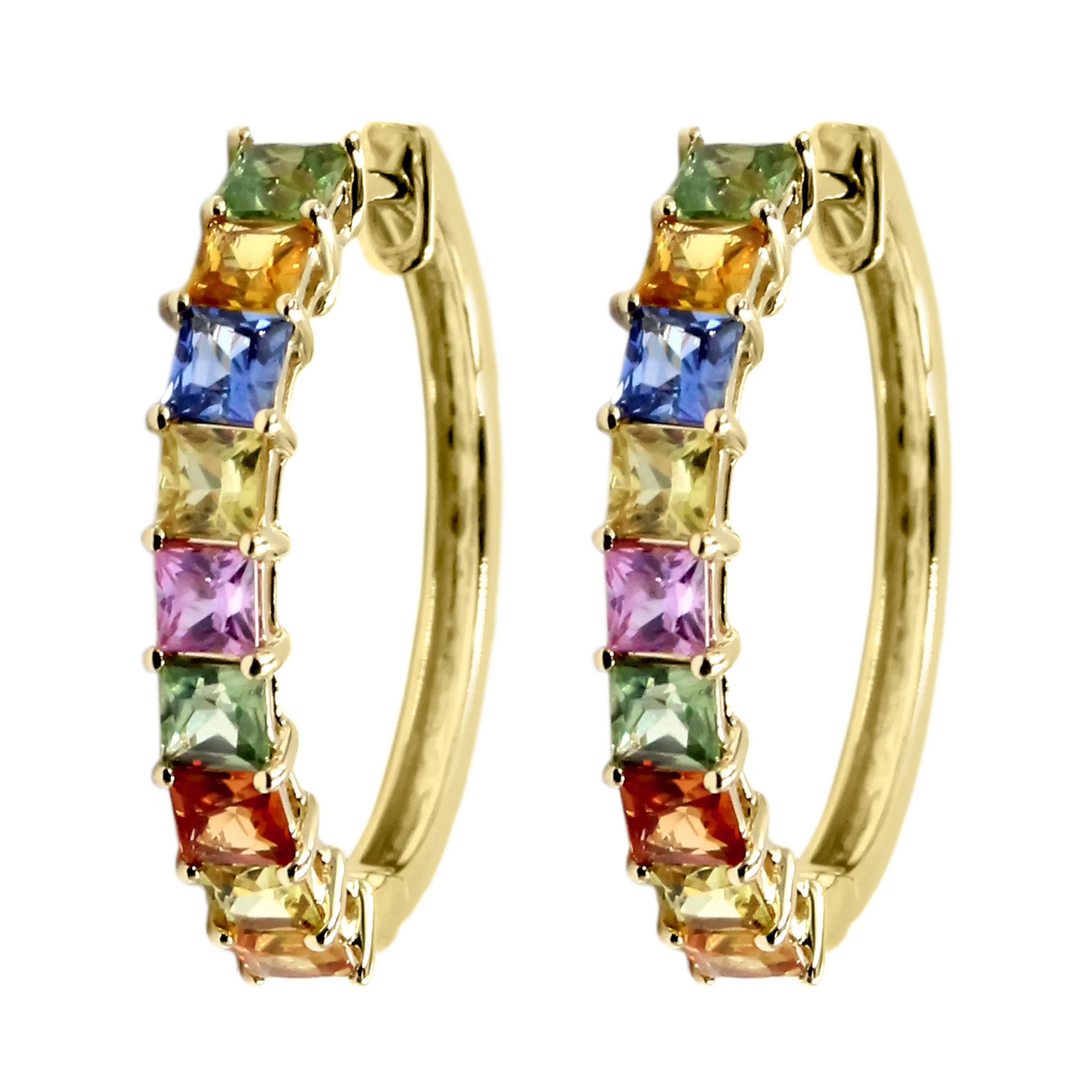 Gilded Lane 14K Gold 2.5mm Square-Cut Multi-Sapphire Hoop Earrings - Image 2