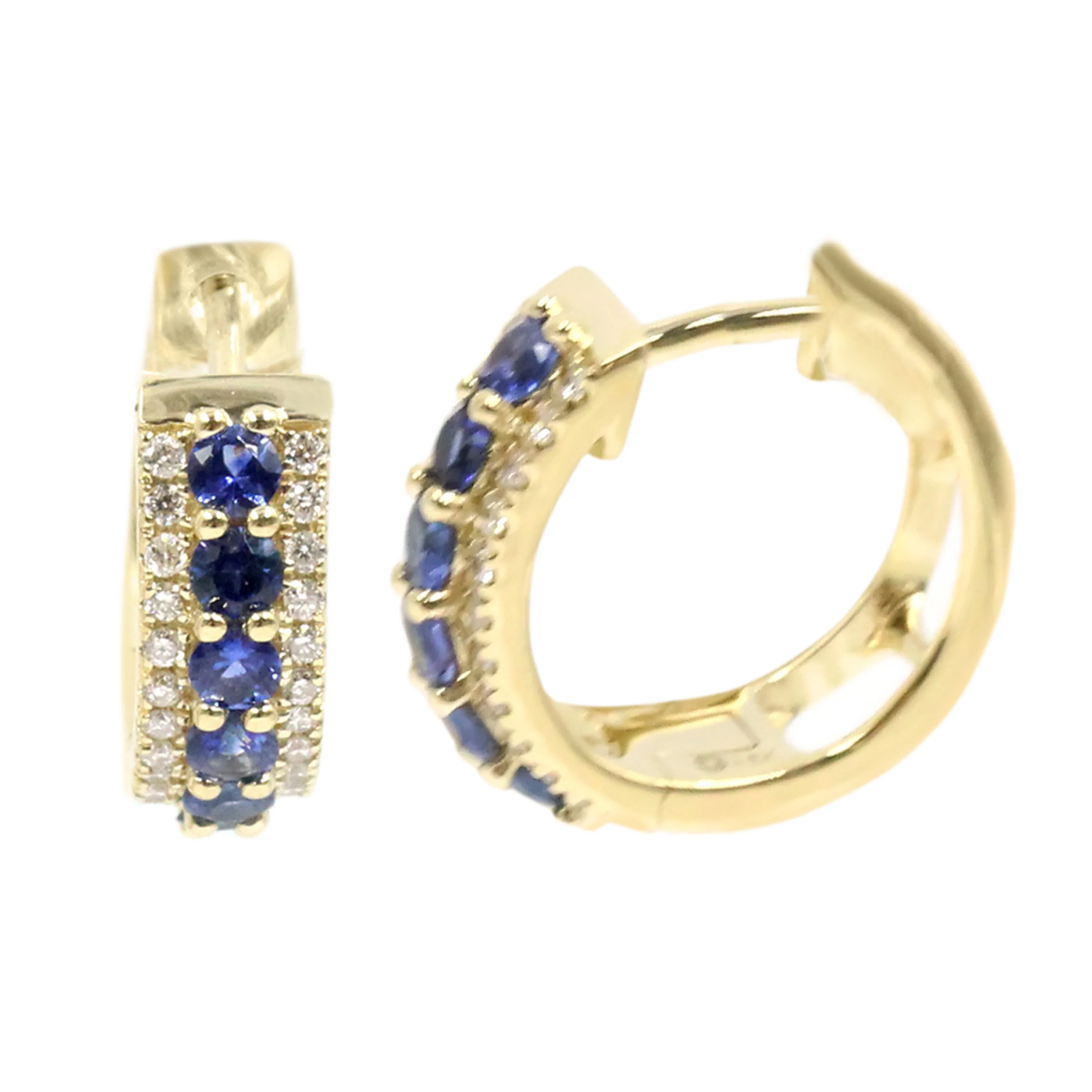Gilded Lane 14K Gold 2mm Ceylon Blue Sapphire & Diamond Huggie Hoop Earrings - Image 2