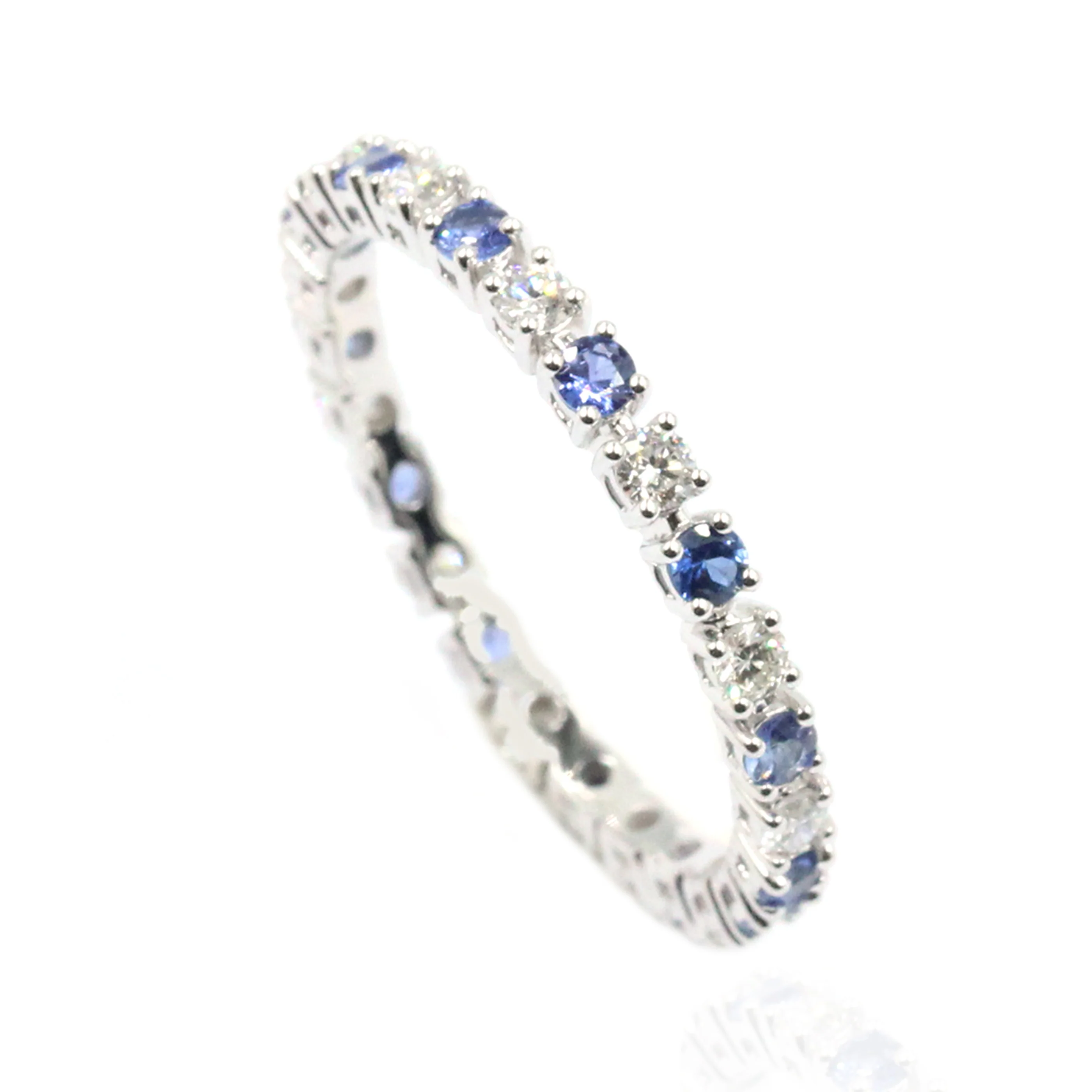Gilded Lane 14K Gold 2mm Round Ceylon Blue Sapphire & Diamond Eternity Band Ring - Image 3